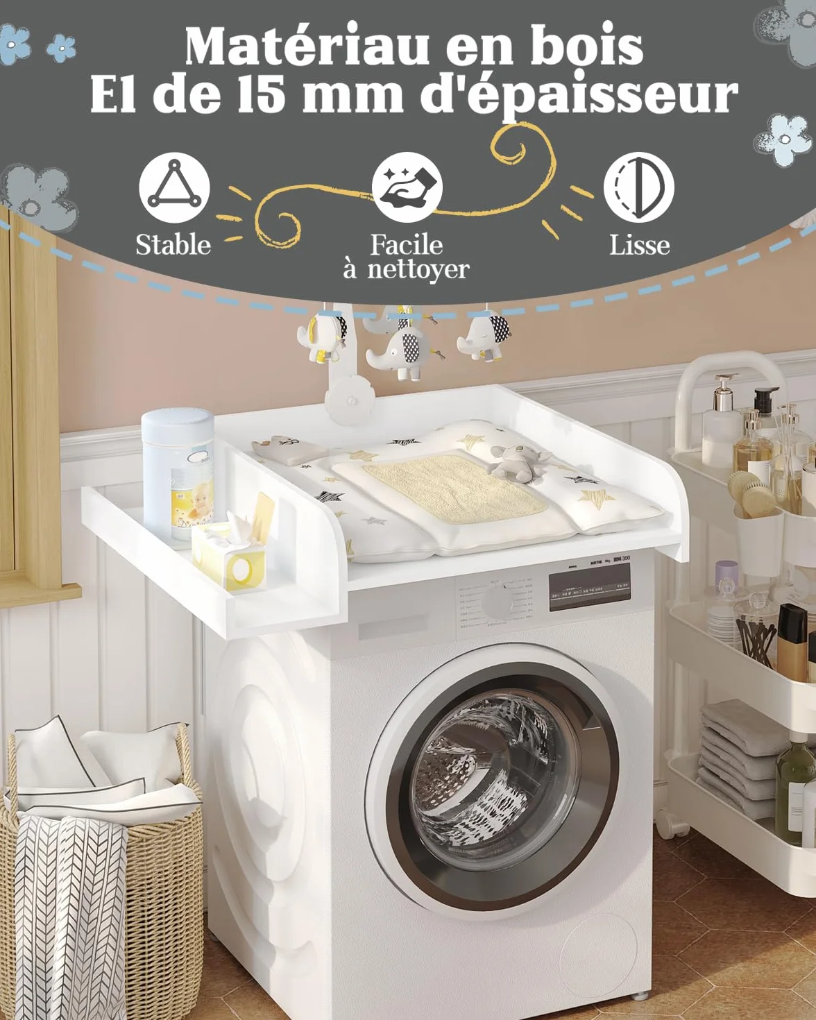 WOLTU Plan à langer pour machine à laver ou sèche-linge, table à langer bébé avec rebord de protection, 80 x 70 x 16,5 cm, blanc