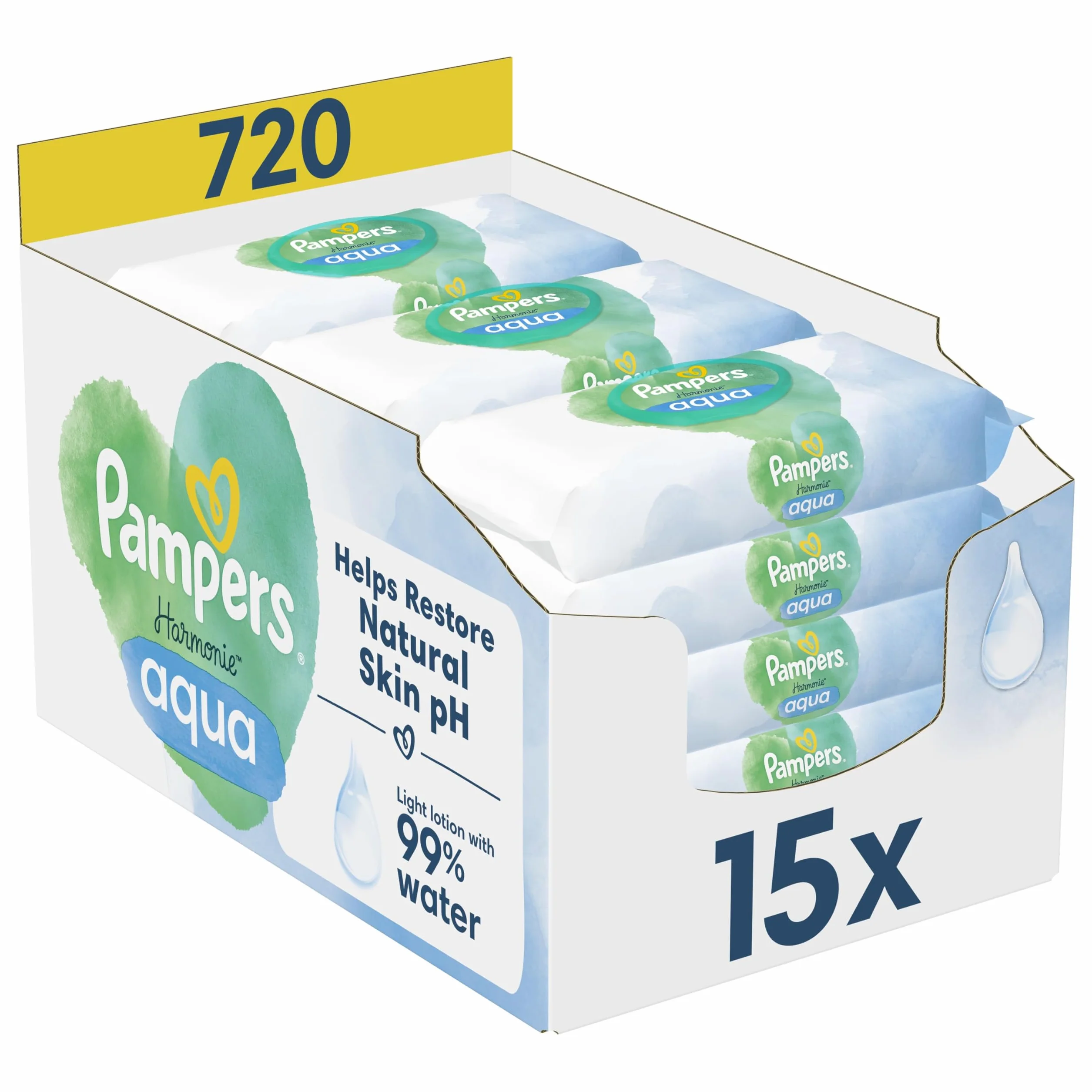 Pampers Harmonie Aqua Lingettes pour Bébé 720 Pièces (15x48) Sans Platisque OEKO-TEX Protection Peau Délicate 99% Eau