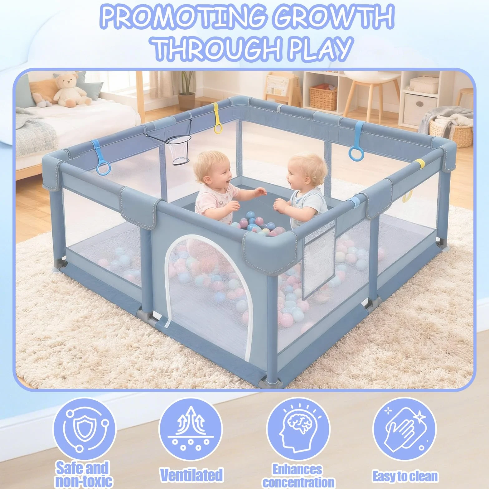 Verdego Parc Bebe 150x180x66cm Enfant avec 50 Boules Fosse 4 Anneaux Traction Mini Vannerie Tissu 210D Oxford Acier Inoxydable Jeu Sécurisé Gris Clair