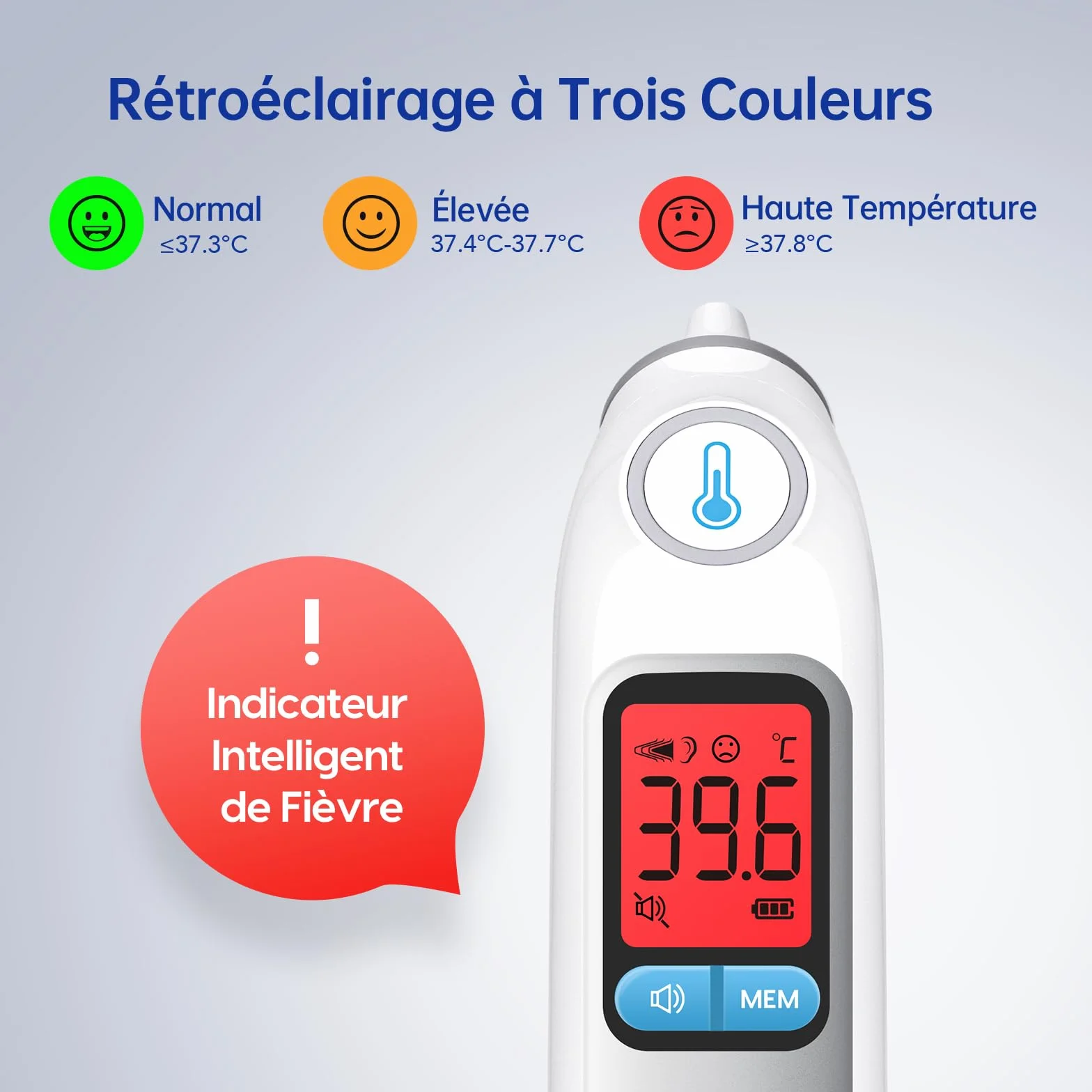 Thermomètre Auriculaire Professionnel avec Code d'Alerte Fièvre 3 Couleurs, Mode Silencieux, 24 Couvre-Sondes Jetables