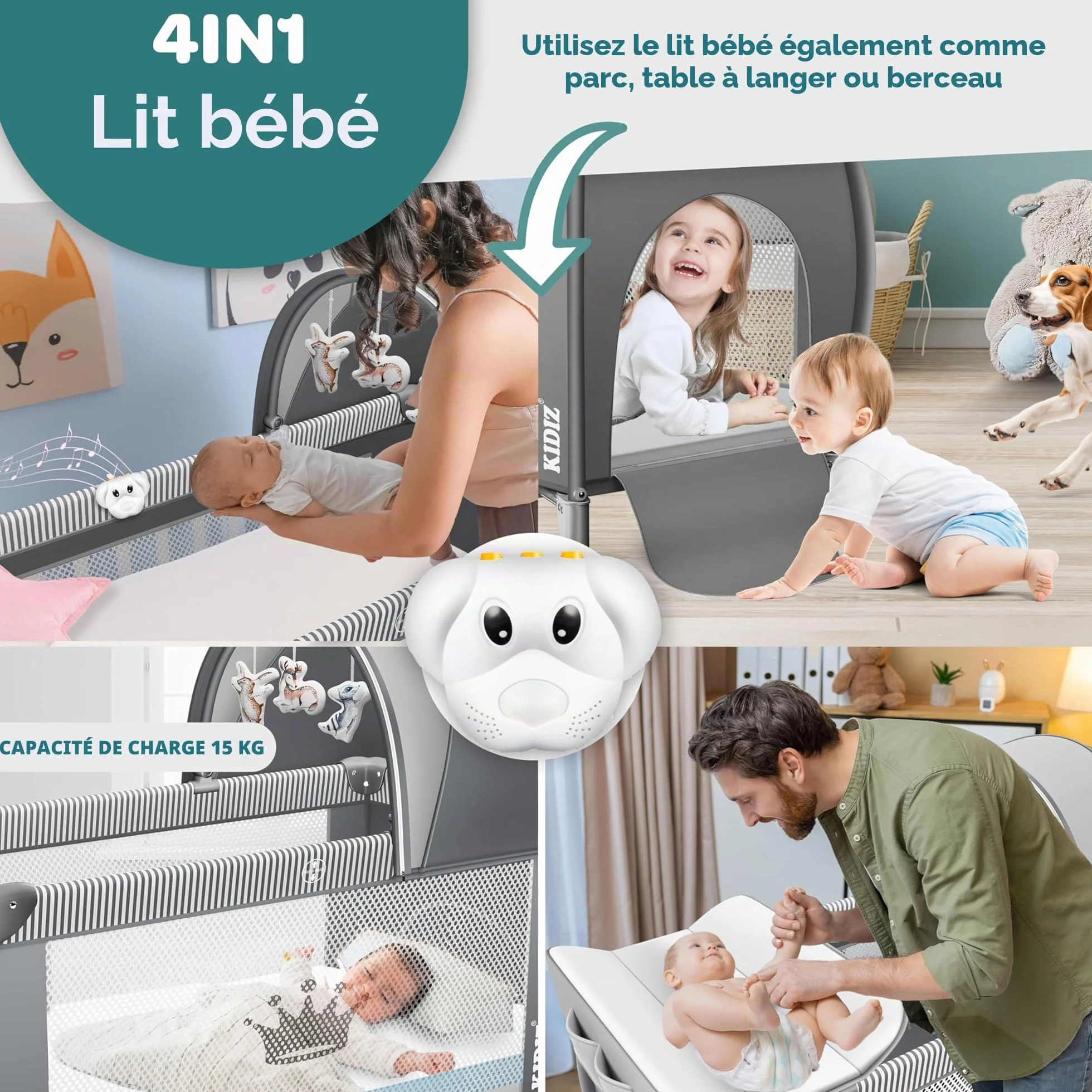 KIDIZ® Lit de Voyage 3 en 1 Parc Pliable avec Matelas à Langer, Moustiquaire, Gris de la Naissance à 15 kg