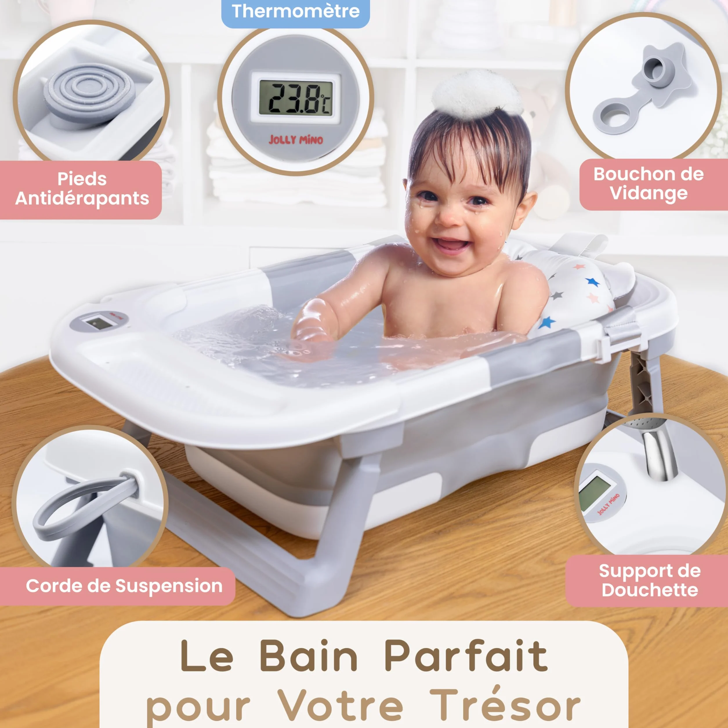 JOLLY MINO Baignoire Pliable Bébé avec Thermometre Digital et Coussin de Bain