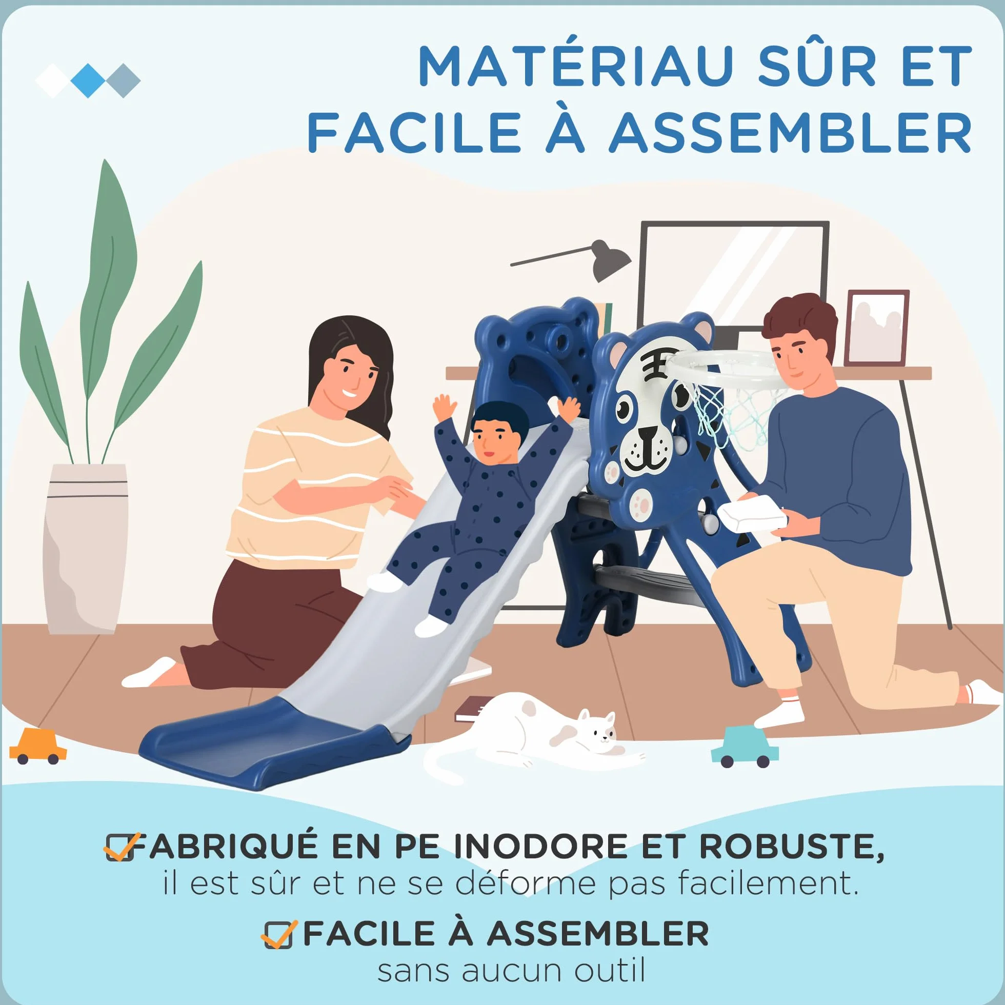 AIYAPLAY Toboggan pour Enfants avec Panier de Basket, Thème Tigre, 133x60x70 cm, Bleu