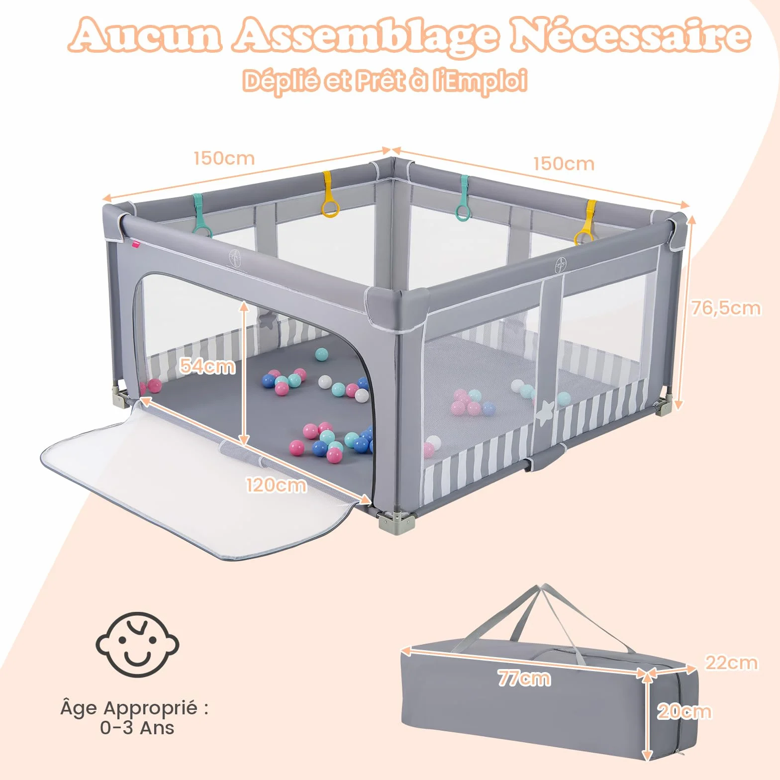 COSTWAY Parc Bébé Pliable 150x150x76,5 cm avec 50 Balles Océaniques, Filet Respirant, Portail Zippé, Gris
