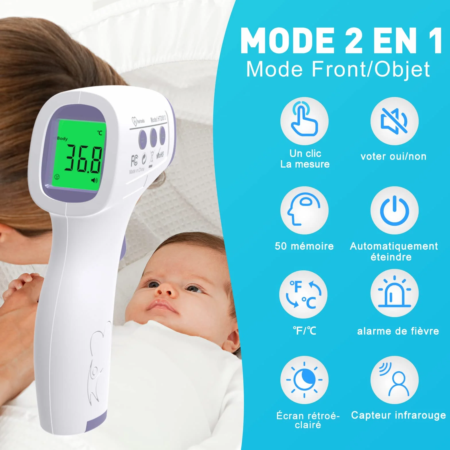 Thermomètre Frontal Infrarouge sans Contact Adulte Enfant, Écran LCD, Fonction Mémoire, Alerte Fièvre