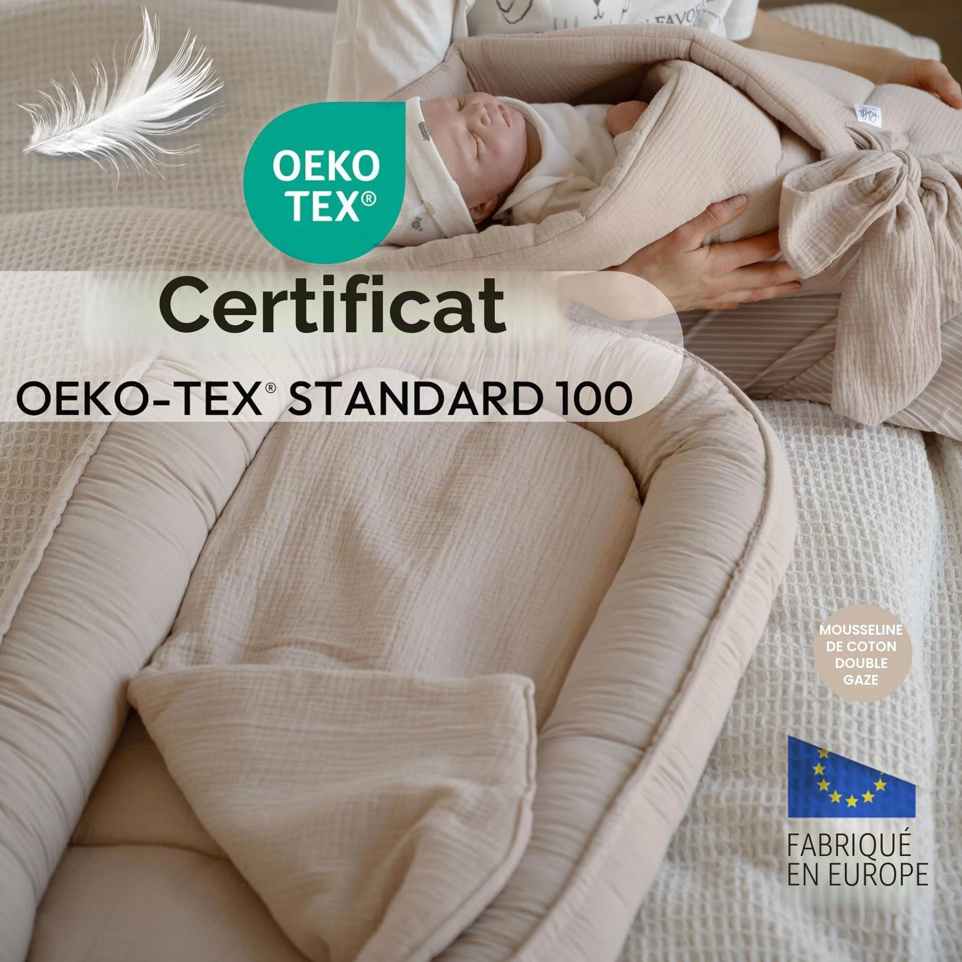 Réducteur de Lit Bébé 100x60 cm Cocon Nouveau-né Mousseline Douce Matelas Nid Bébé Coton Certifié Oeko-TEX Sommeil Sécurisé Berceau Lit Voyage Beige
