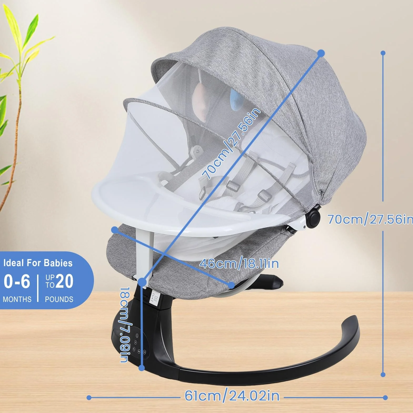 Transat Bébé Évolutif Balancelle Électrique Bluetooth Télécommande Harnais 5 Points Mouvement Up-Down Pare-Soleil 0-24
