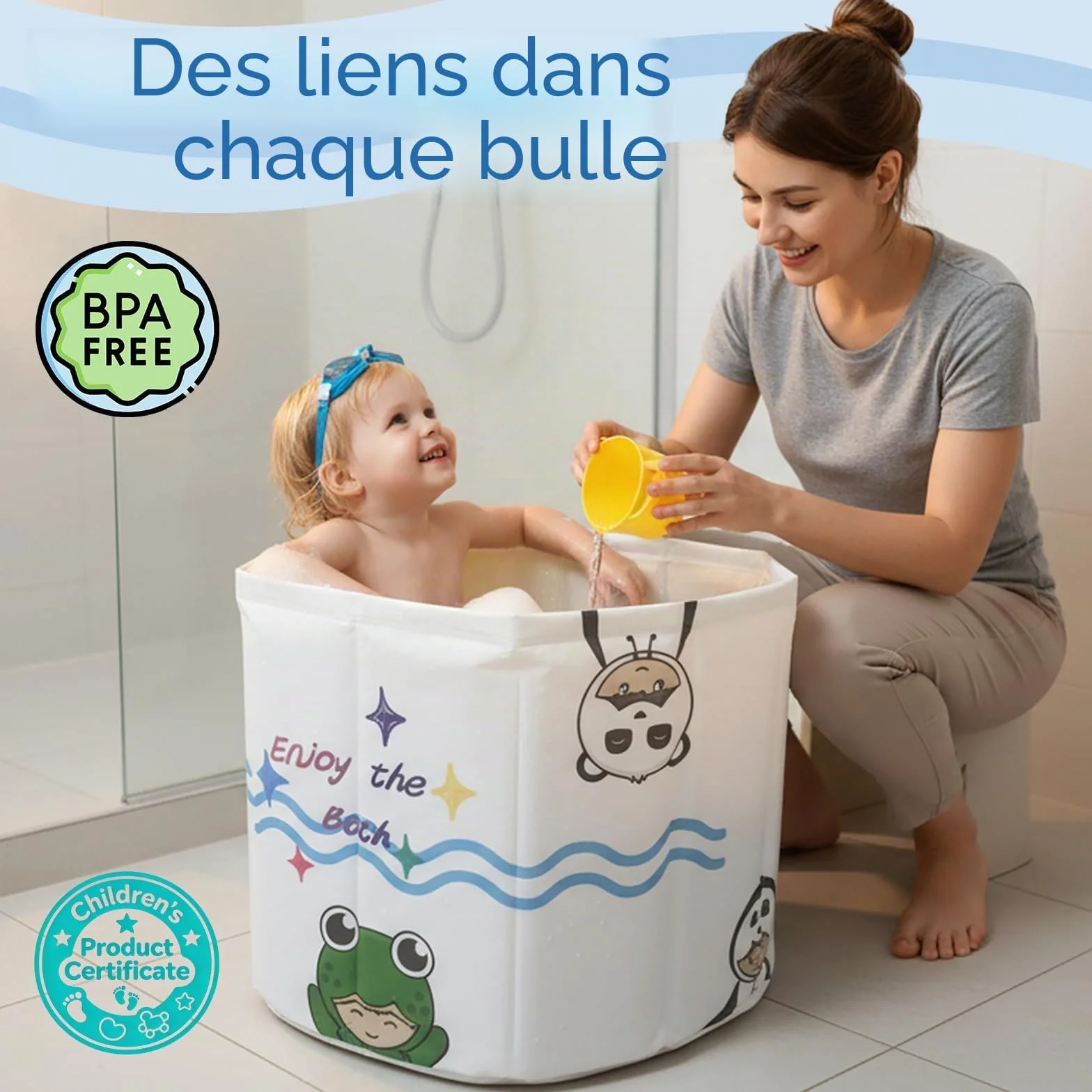 Baignoire Portable Pliable pour Enfants 1-5 Ans WAVYEASE Design Profond Installation Rapide