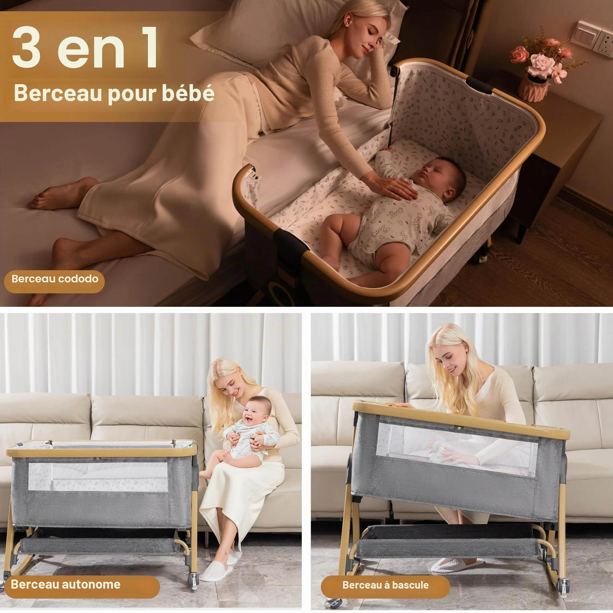 YAZOCO Berceau Bébé 3 en 1 Lit Cododo avec Matelas, Hauteur Réglable 6 Niveaux, Inclinaison 5° Scientifique, Panier Rangement Gris
