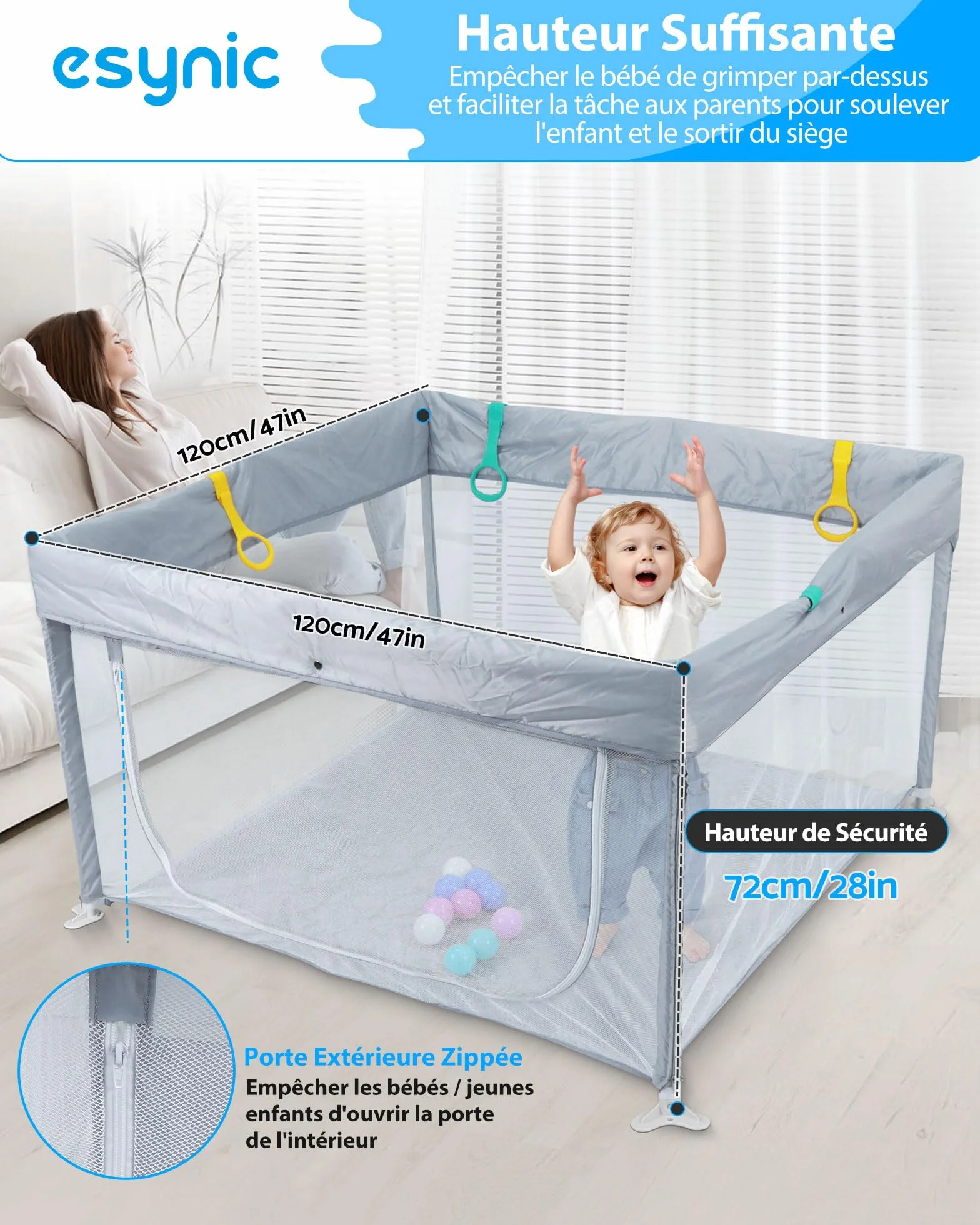 eSynic Parc Bébé Pliable 120x120cm avec 10 Boules et 4 Poignées Gris