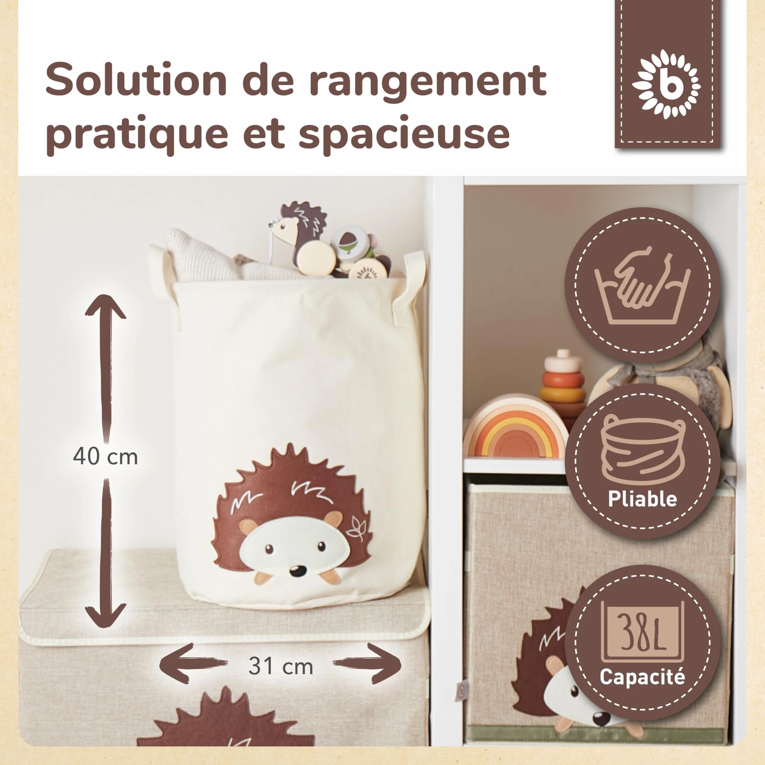 Bieco Panier à linge bébé hérisson grand rangement coton imperméable pour enfants