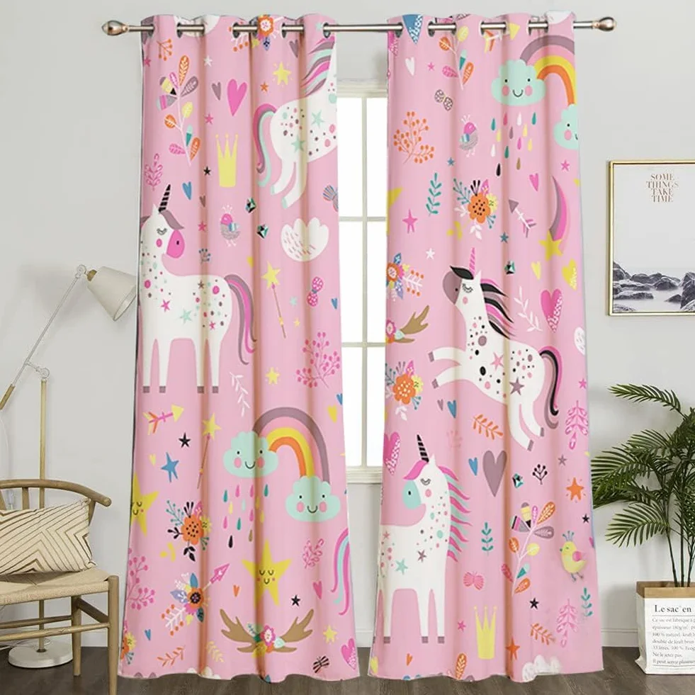 Rideaux Enfants Licorne Étoiles Rose Œillets 160×107 cm Chambre Fille