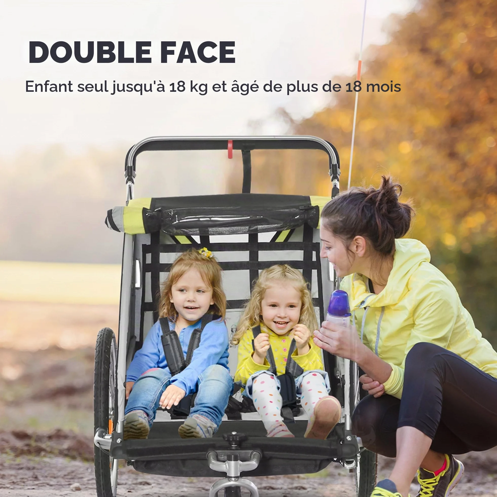 HOMCOM 2 in 1 Kinderfahrradanhänger mit Mesh-Tür, 360° Drehbares Vorderrad, Bremse, 142 x 75 x 101 cm