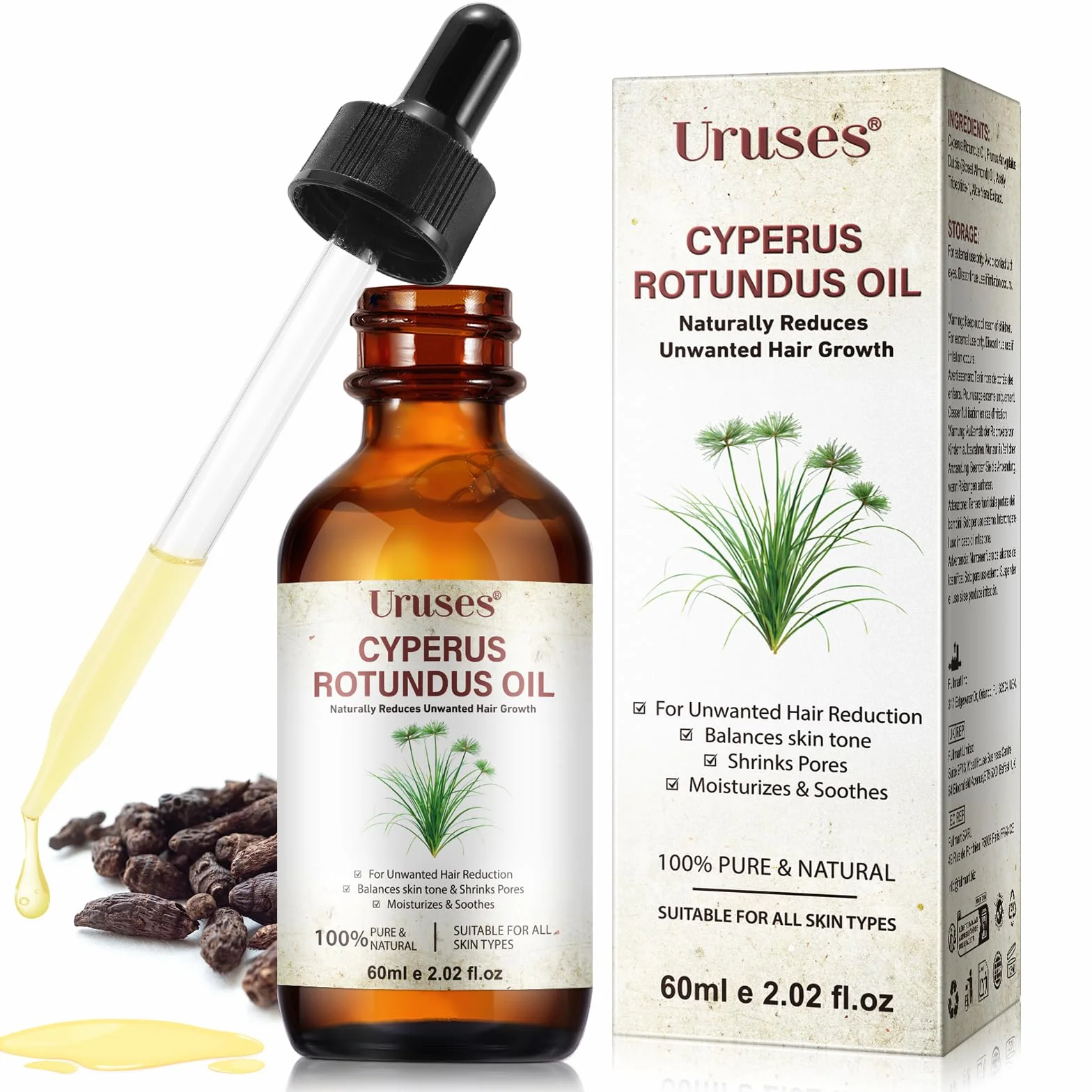 Huile Cyperus Rotundus Inhibitrice de Pilosité 60ml - Réduit la Repousse, Répare la Peau & Resserre les Pores - 100% Naturelle, Vegan