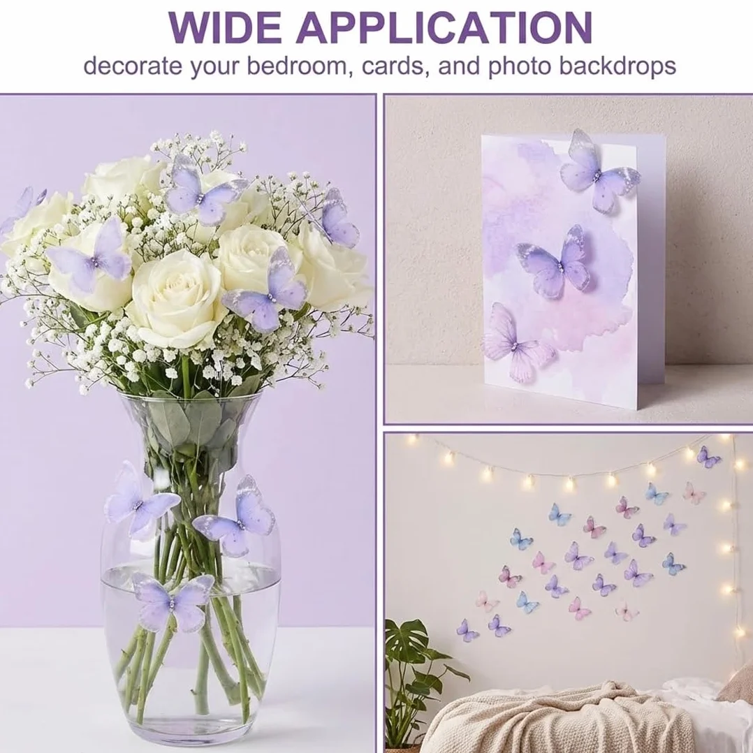 50 Pièces Papillons en Tissu Organza et Chiffon Translucide DIY Scrapbooking Stickers Muraux