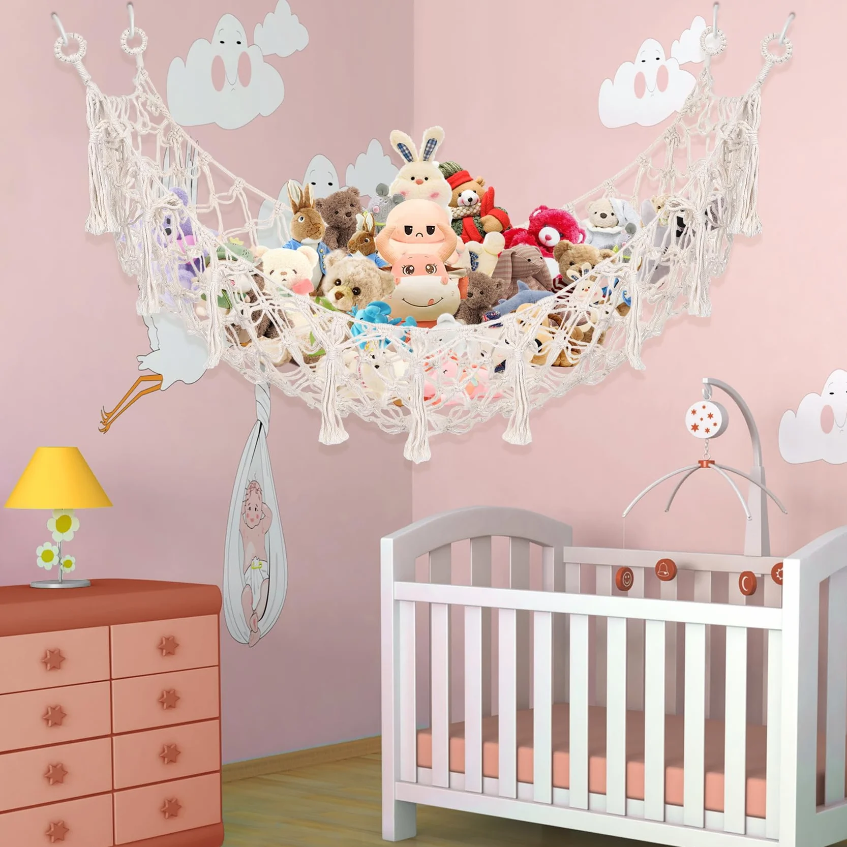 Hamac Carré en Macramé Bohème pour Animaux en Peluche, Filet de Rangement Mural en Coton, Blanc