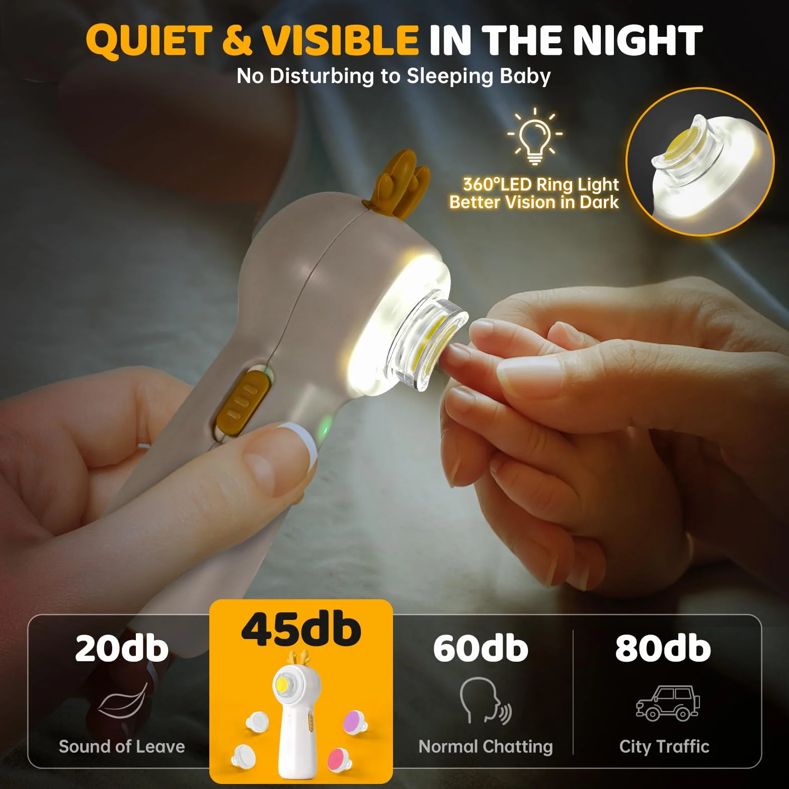 Lime à Ongle Électrique Bébé Rechargeable avec Coupe Ongle, 5 Têtes de Ponçage, Illuminé, Faible Bruit