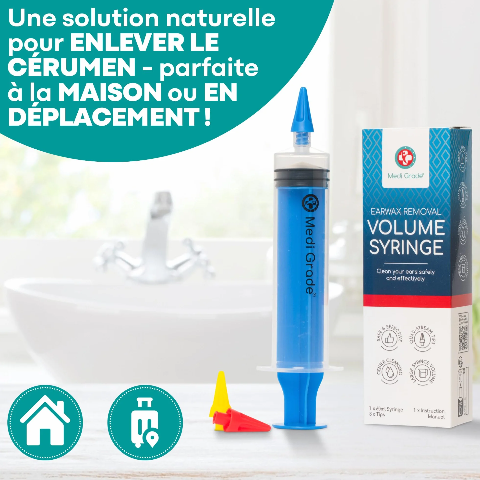 Medi Grade Kit Élimination Bouchon d'Oreille – Nettoyeur Oreille Sûr avec Seringue 60ml, 3 Bouts à Quadruple Jet