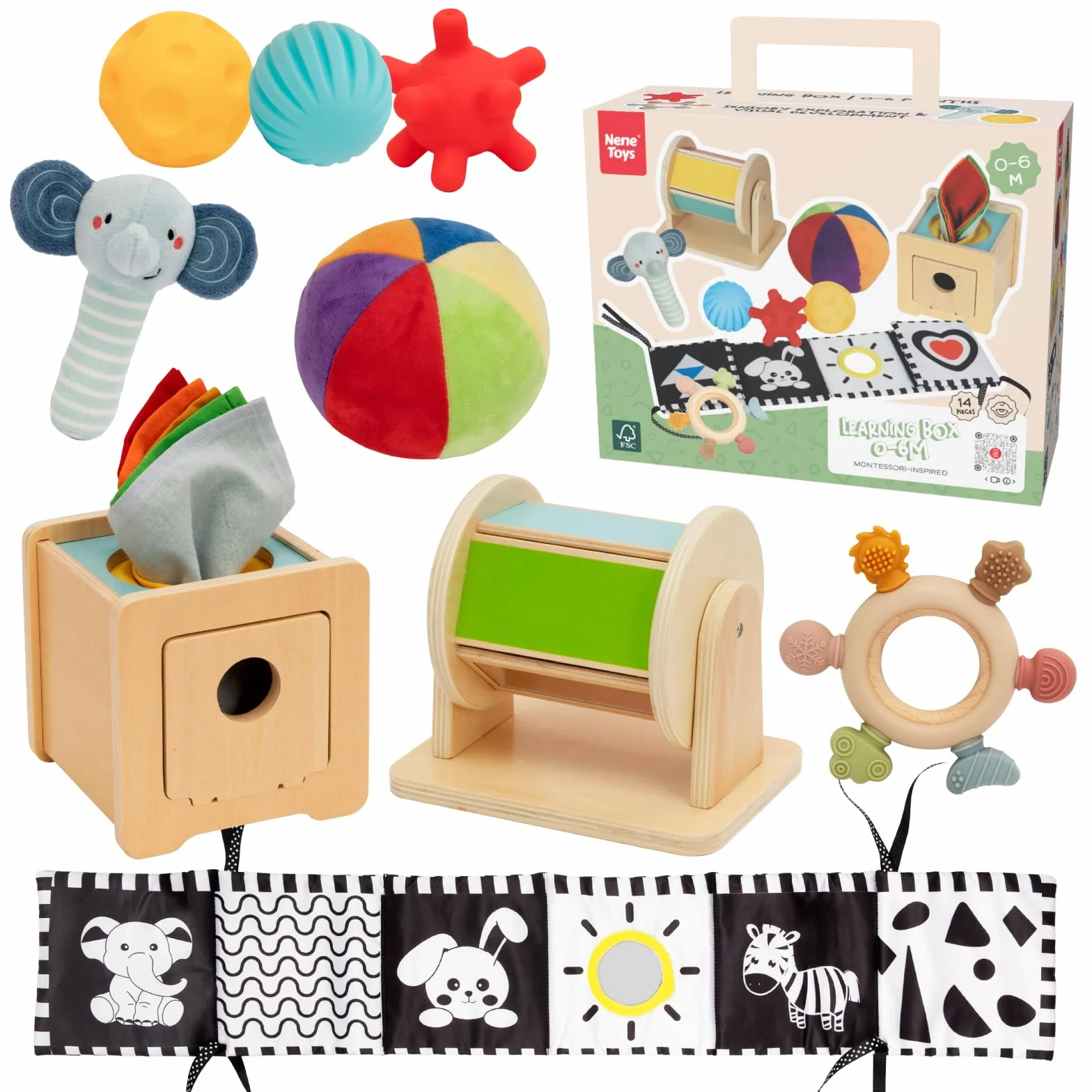 Nene Toys Jouet Montessori Bébé 0–6 Mois – Coffret Sensoriel 7-en-1 en Bois avec Livre Noir & Blanc, Boîte à Mouchoirs, Tambour Rotatif, Balles, Anneau de Dentition & Hochet – Cadeau Naissance