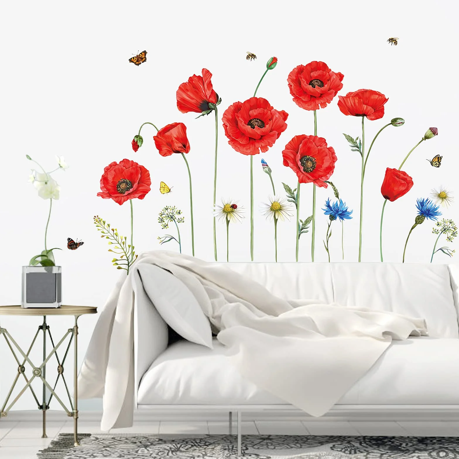 Decalmile Autocollant Mural Coquelicots Rouges Fleur Papillon Décoration Murale Chambre Salon