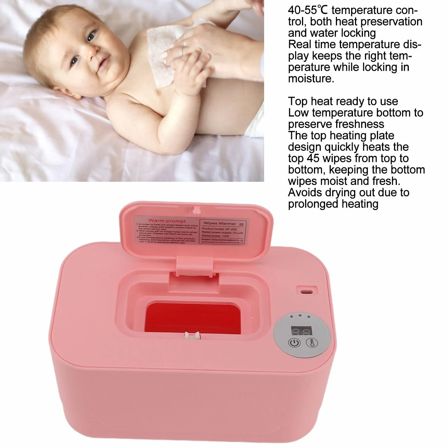 Chauffe-lingettes Portable pour bébé avec Contrôle Intelligent de la Température, Technologie à Faible Température, Distributeur de Porte-lingettes (PINK)