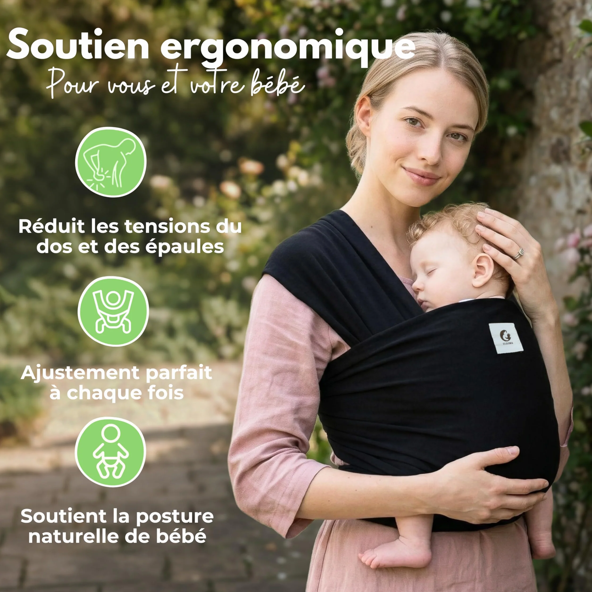 ELDOMA Porte-bébé en Écharpe Noir Léger et Respirant Mains Libres 3-15kg