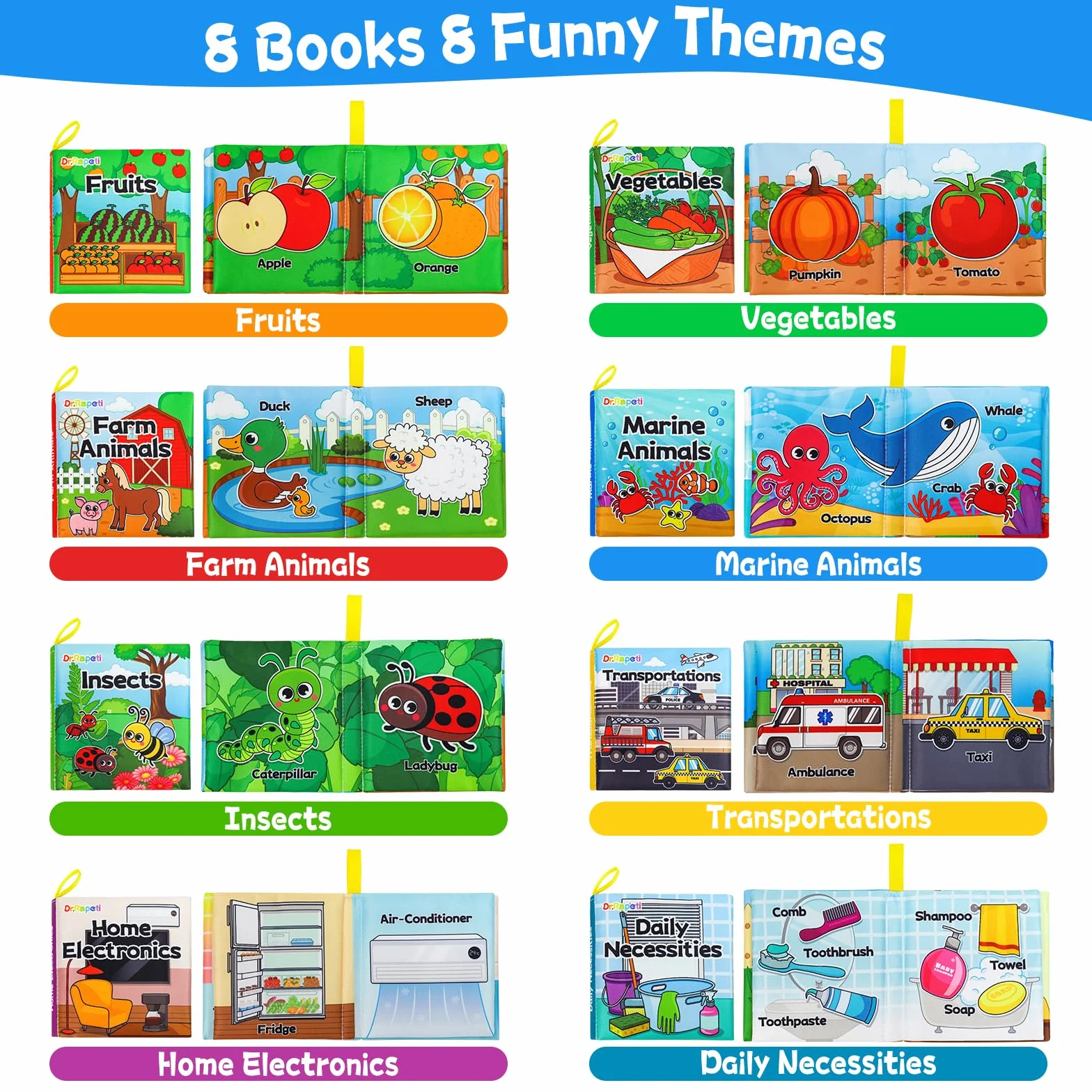 Dr.Rapeti Lot de 8 Livre Bebe en Tissu Doux, Jouet Educatif Sonore en Anglais