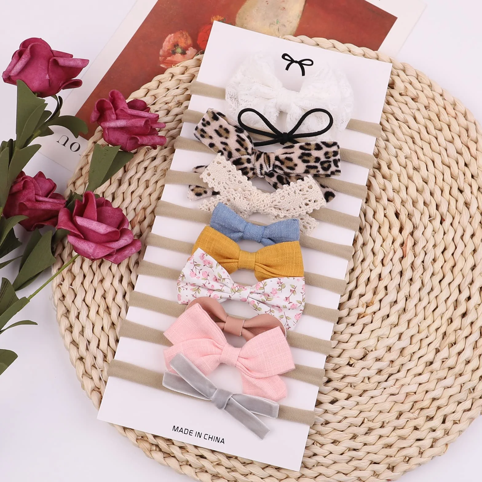 Bandeau bébé fille cheveux Bow nylon motif fleurs main accessoires cheveux nouveau-né bambin