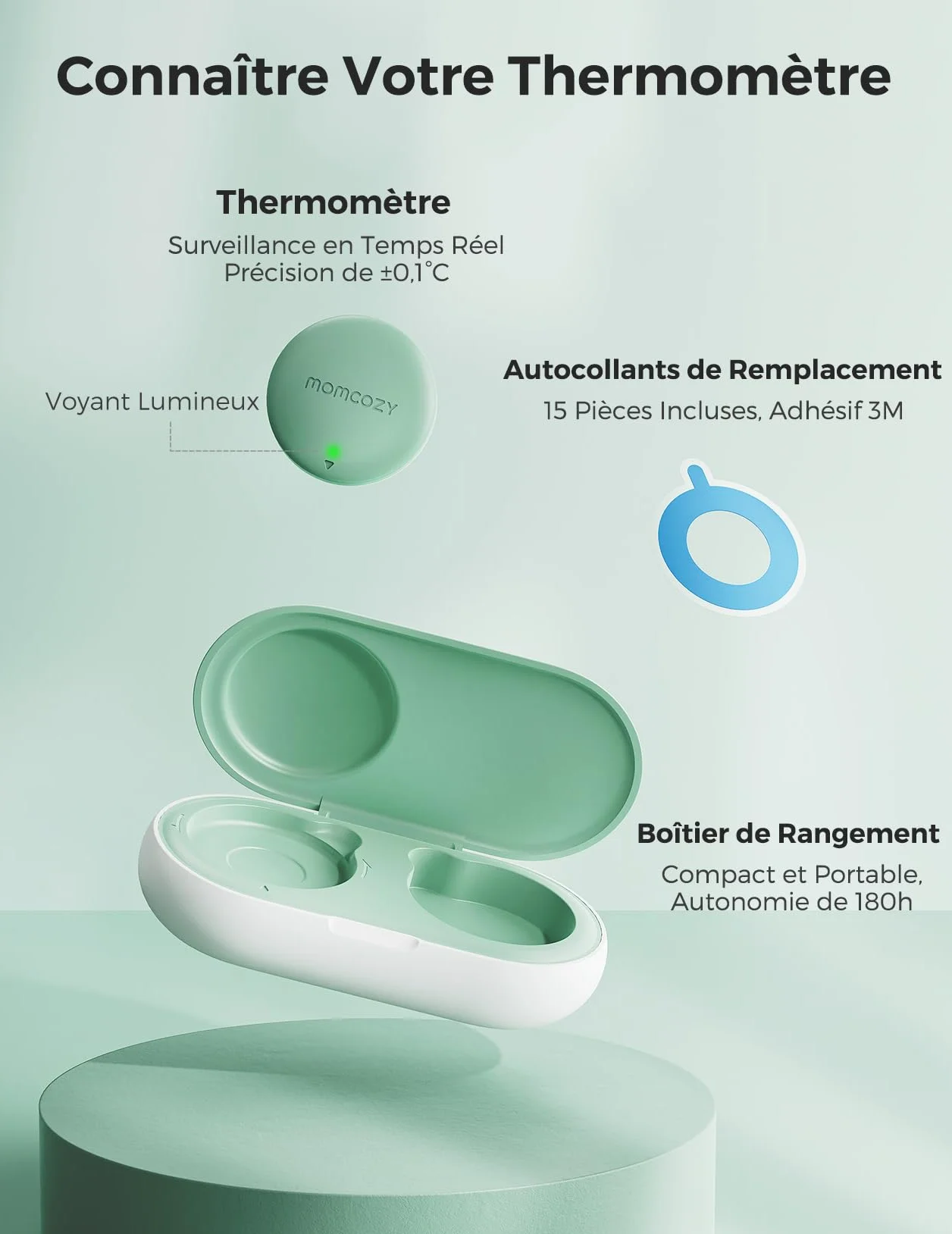 Momcozy Thermomètre Numérique Portable pour Bébé, Qualité Médicale, Bluetooth, Vert