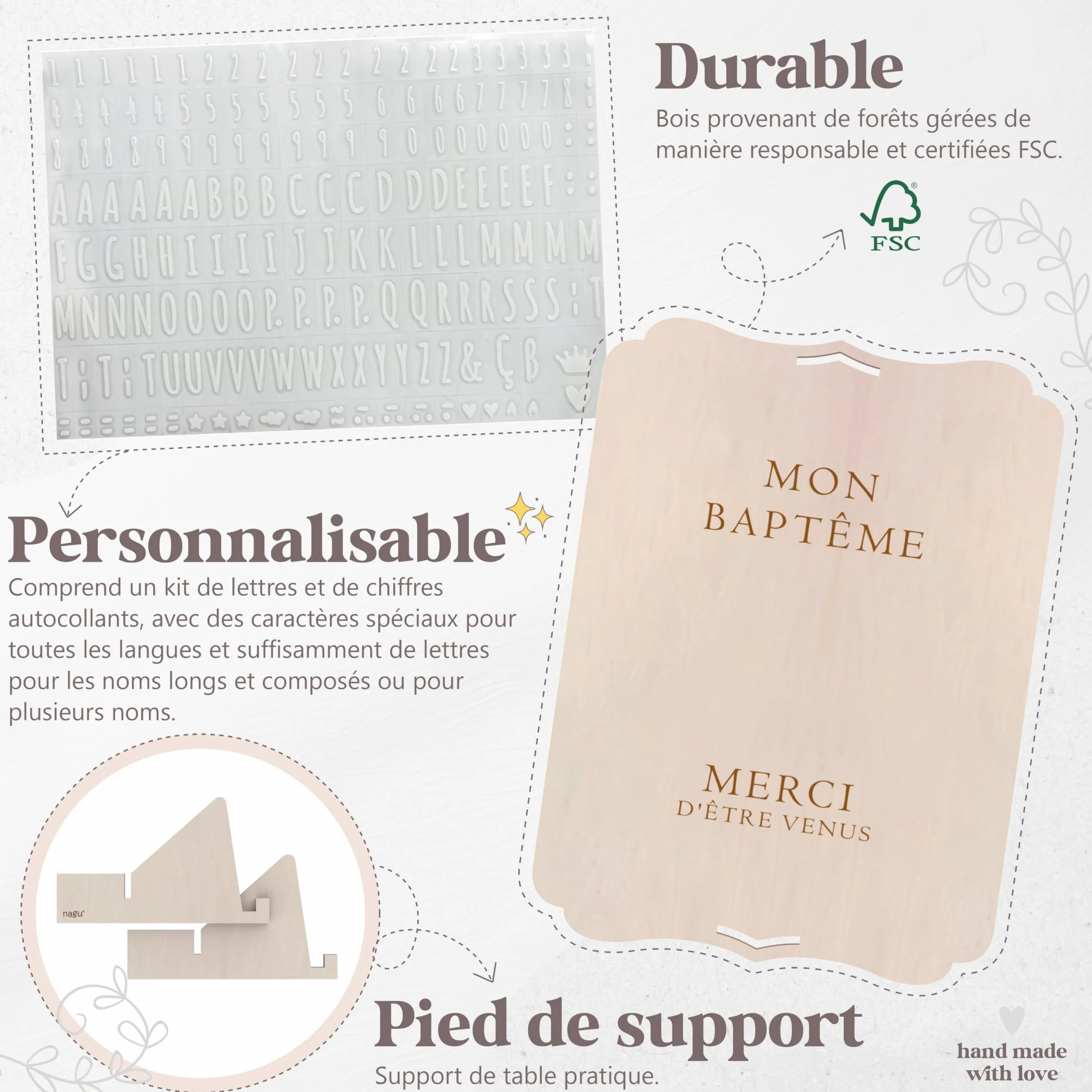 Panneau Personnalisé en Bois 30x22 cm Baptême Décoration avec Lettres Autocollantes et Support