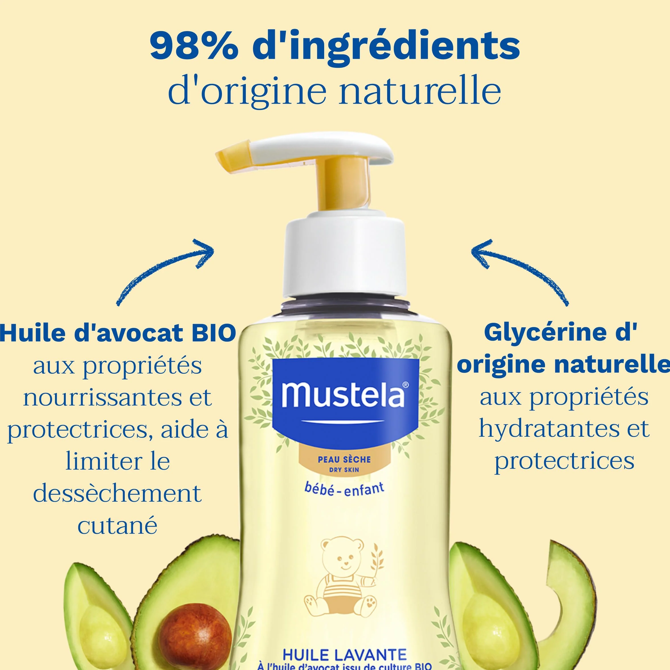 Mustela Huile Lavante Bébé 98% d'ingrédients d'origine naturelle pour Peau Sèche et Sensible
