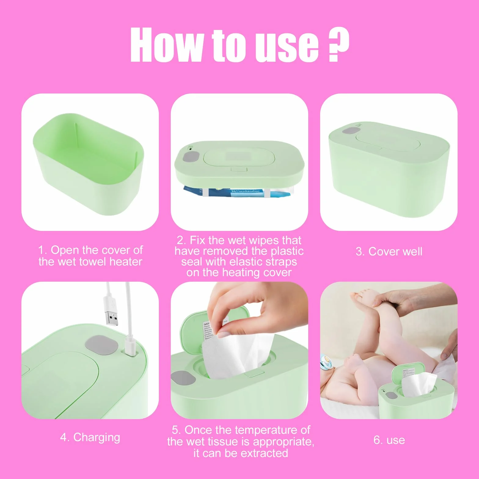 Chauffe-lingettes bébé USB portable température constante réutilisable vert