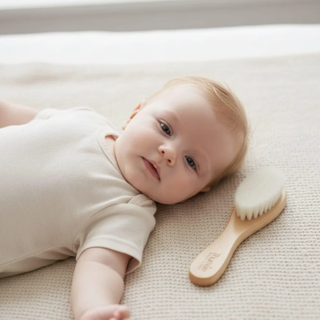 Brosse à Cheveux Bébé Poils de Chèvre Doux | Brosse Douce pour Nouveau-Né & Croûtes de Lait | En Bois Naturel Sans Plastique | Thumble Baby Care