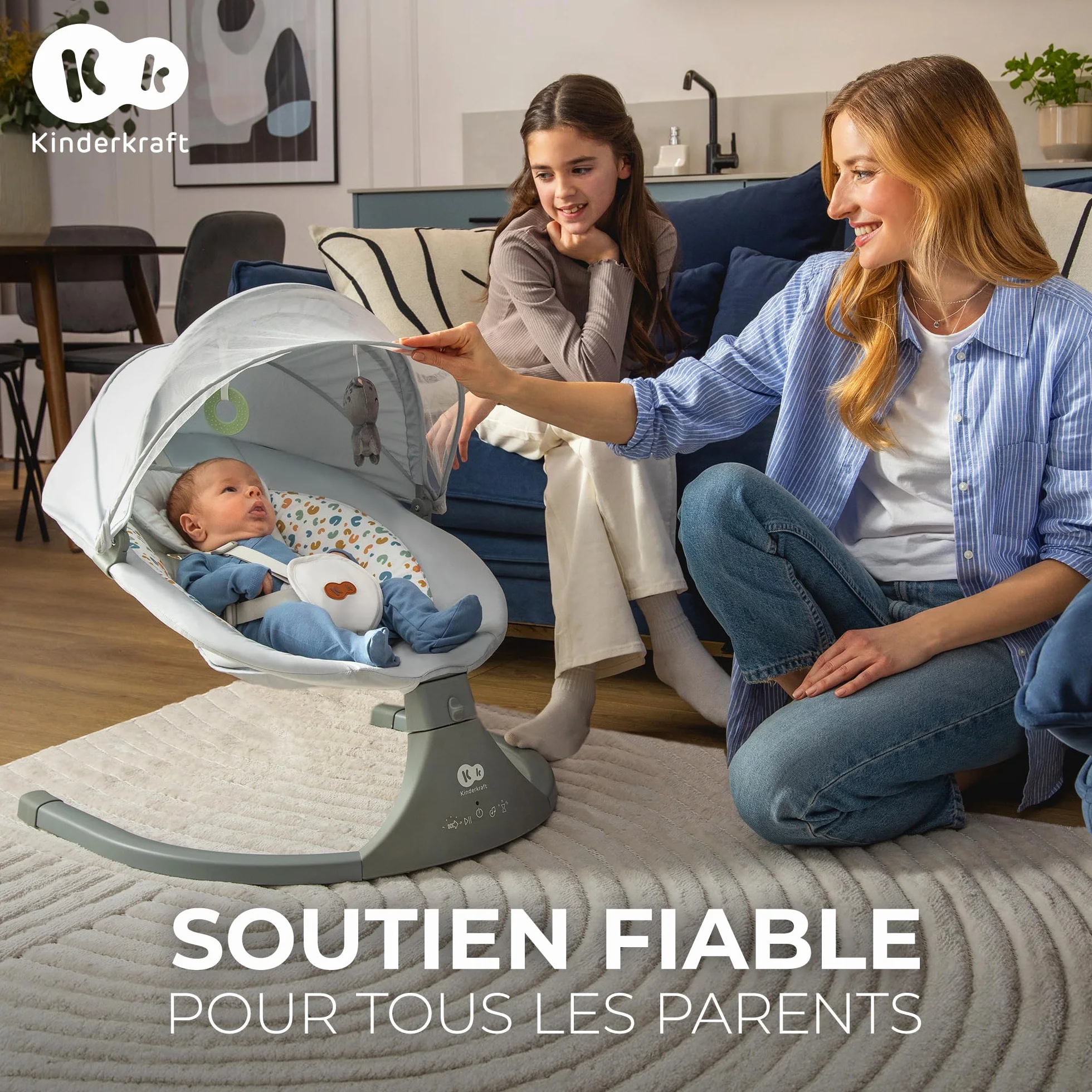 Kinderkraft LUMI 2 Transat bébé Balancelle électrique Naissance à 9 Mois Réglable hauteur 5 modes balancement 12 mélodies Arche jouets Gris foncé