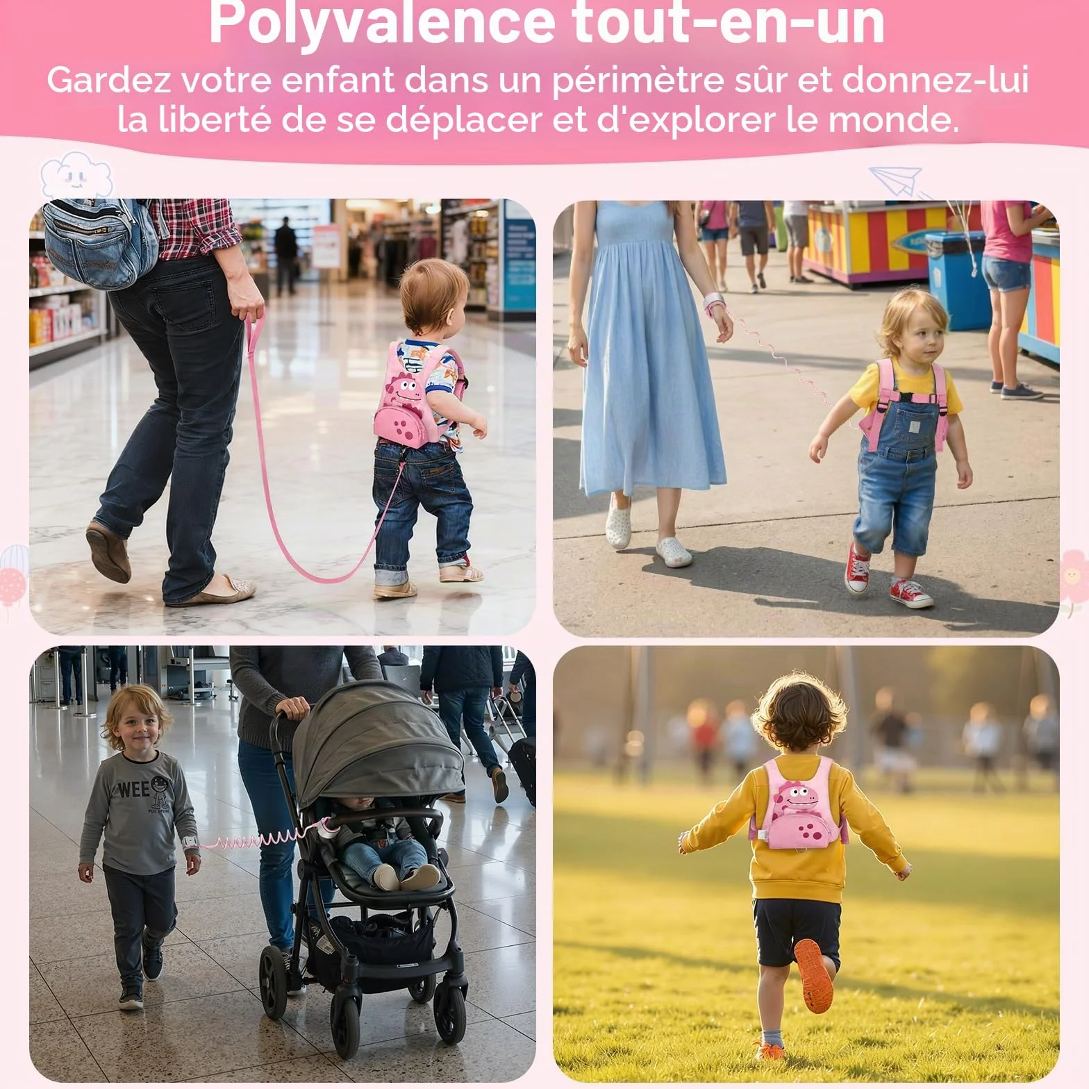 Dr.meter Laisse Enfant 3 en 1 Sac à Dos Anti-Perte Rotative 360° 1,2M Rose Dinosaure Sécurité Extérieur