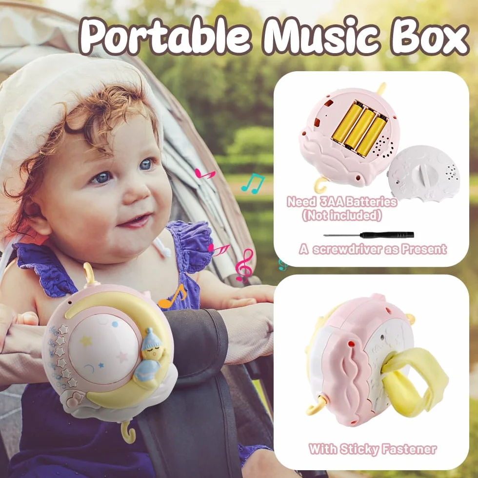 Berceau de musique pour bébé avec projecteur et lumières, mobile suspendu tournant, boîte à musique 150 mélodies, rose