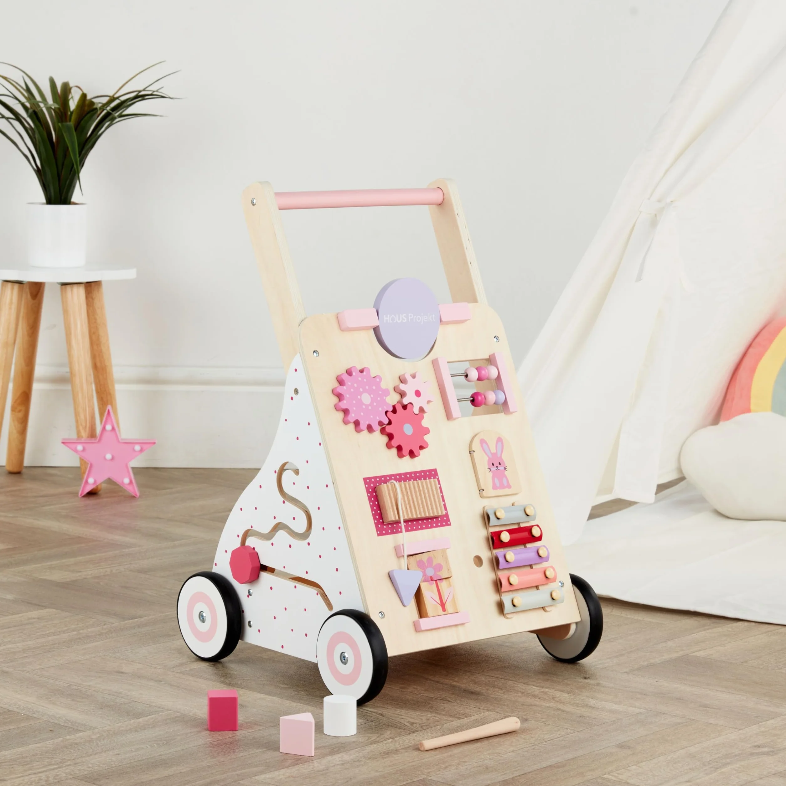 Haus Projekt Chariot de Marche Bois Rose, Trotteur Bébé Bois Activité, Jouet Bébé 1 an, Baby Walker