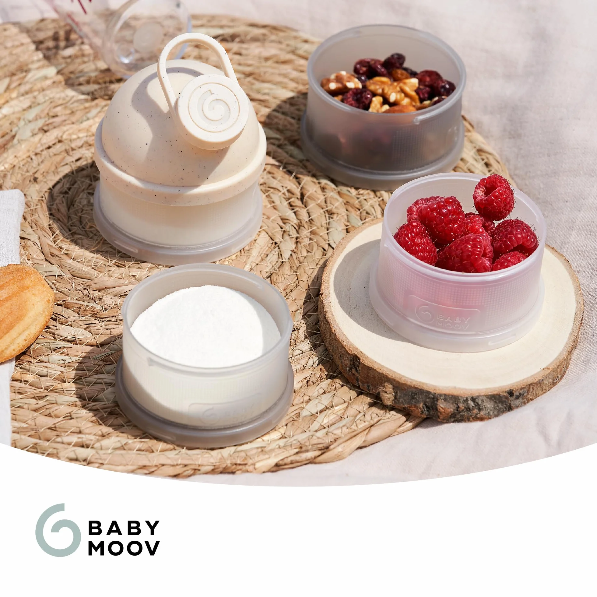 Babymoov Boites de Lait en Poudre Babydoses, 4 compartiments Empilables, Hermétiques, Fabriquées en France, Beige