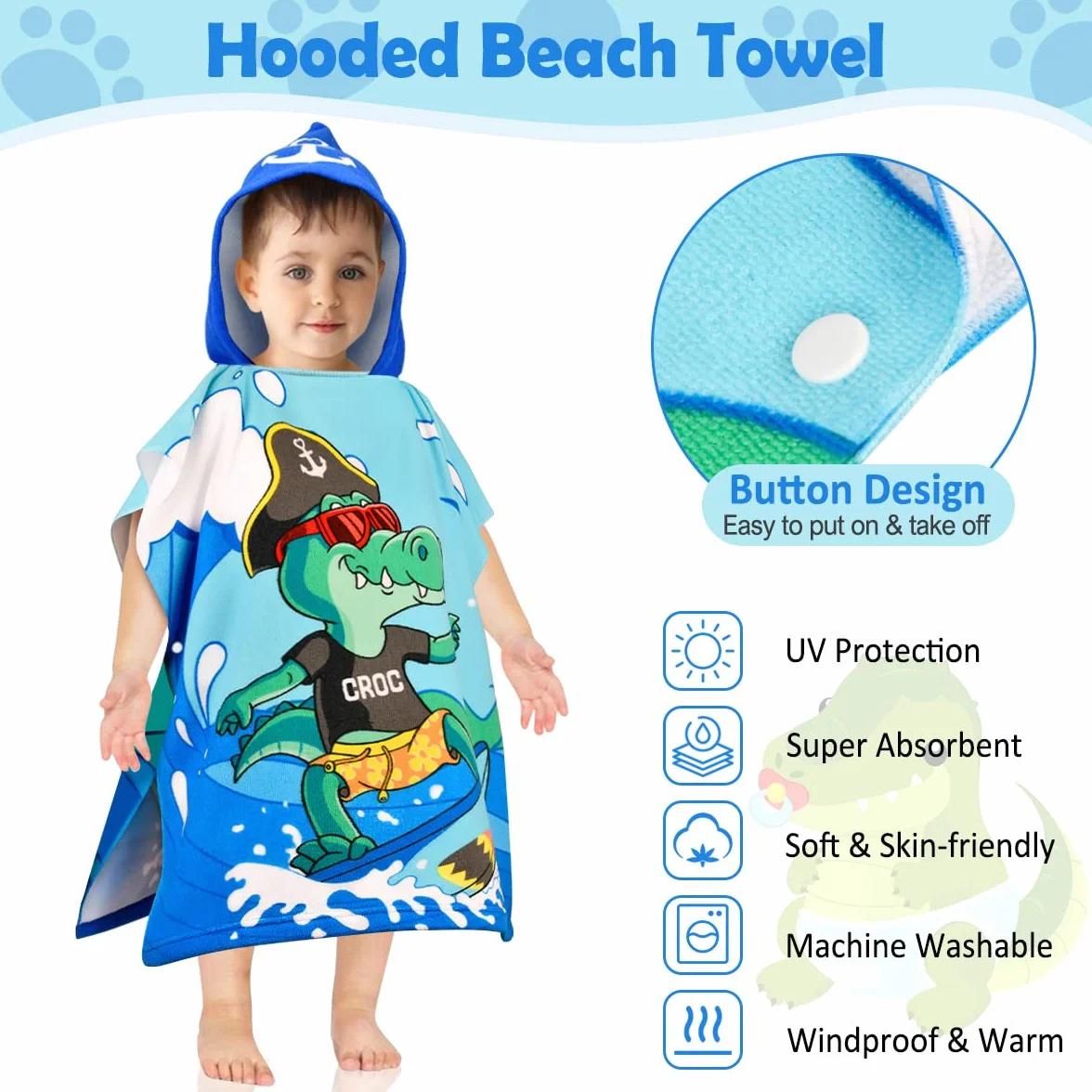Serviette de Bain Enfant Poncho Crocodile Cape de Bain Fille Garcon Super Absorbant Séchage Rapide Poncho à Capuche Surf Sortie de Bain Bébé 2-6 Ans