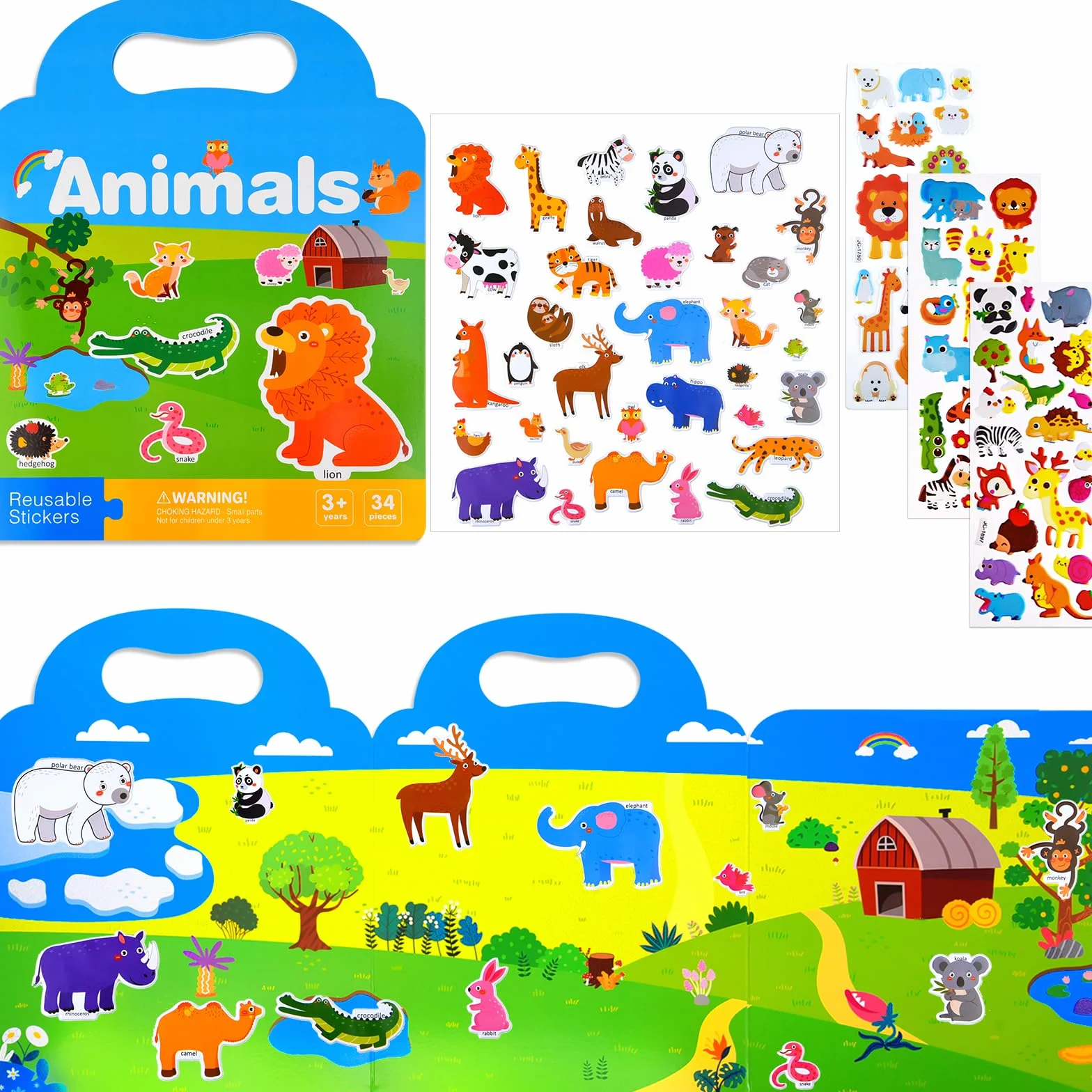 NEBURORA Livre d'autocollants gonflés réutilisables pour enfants, 88 autocollants animaux, jouets éducatifs de voyage
