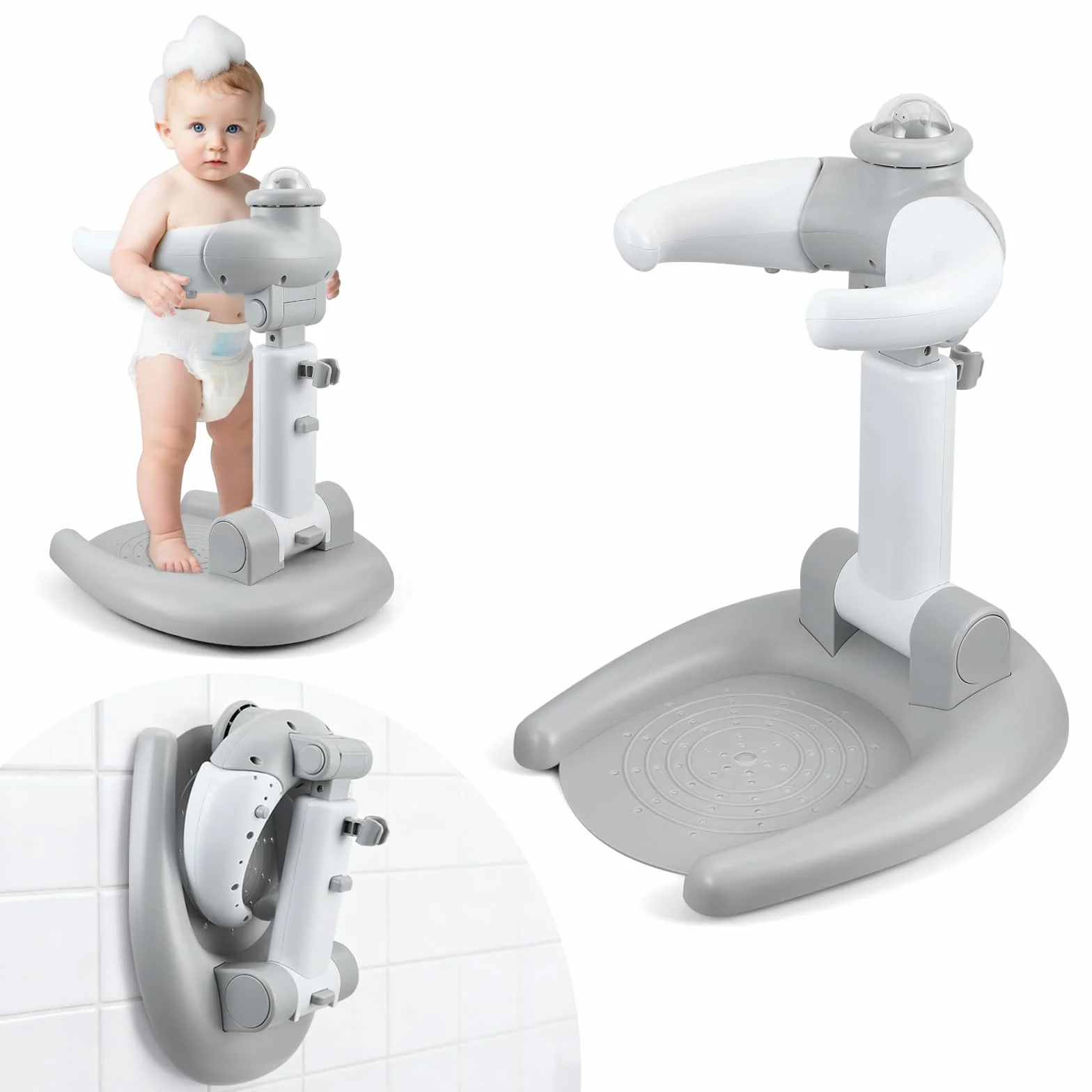 Support de douche réglable pour enfants 2 en 1 pliable avec tabouret