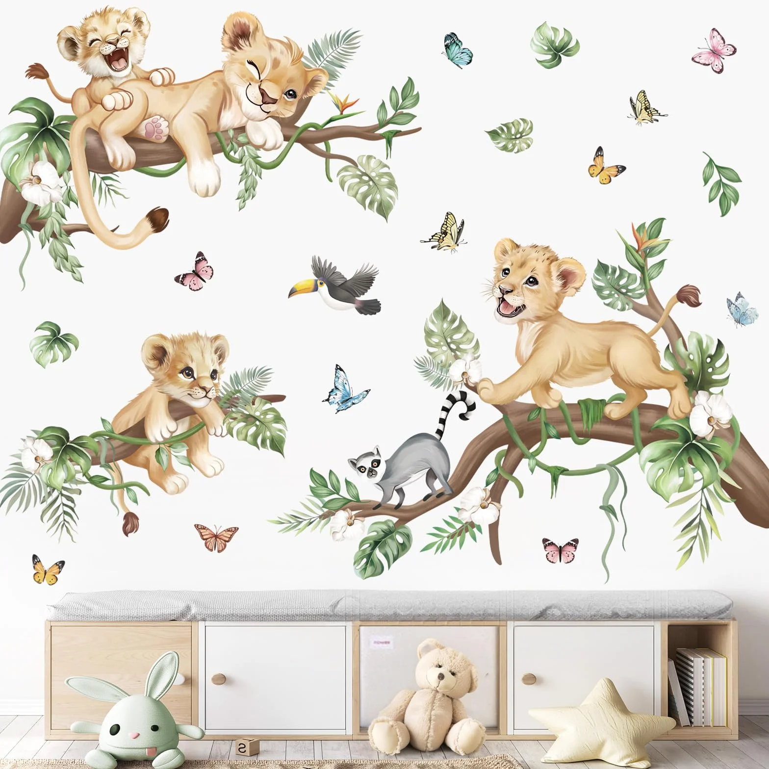 Wondever Autocollants Muraux Lion Animaux de la Jungle Safari Branche Arbre pour Chambre Enfants