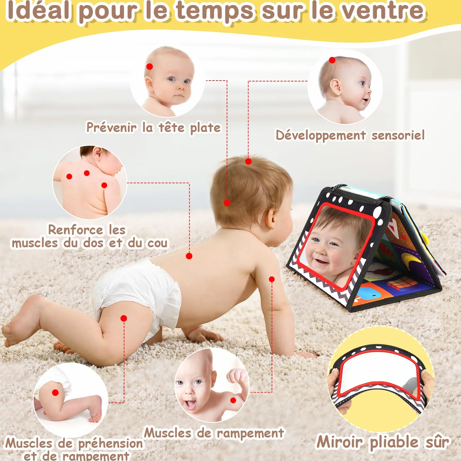 URMYWO Jouet Bebe 0-12 Mois Miroir d'Éveil Pliable Montessori Noir et Blanc à Motifs Contrastés