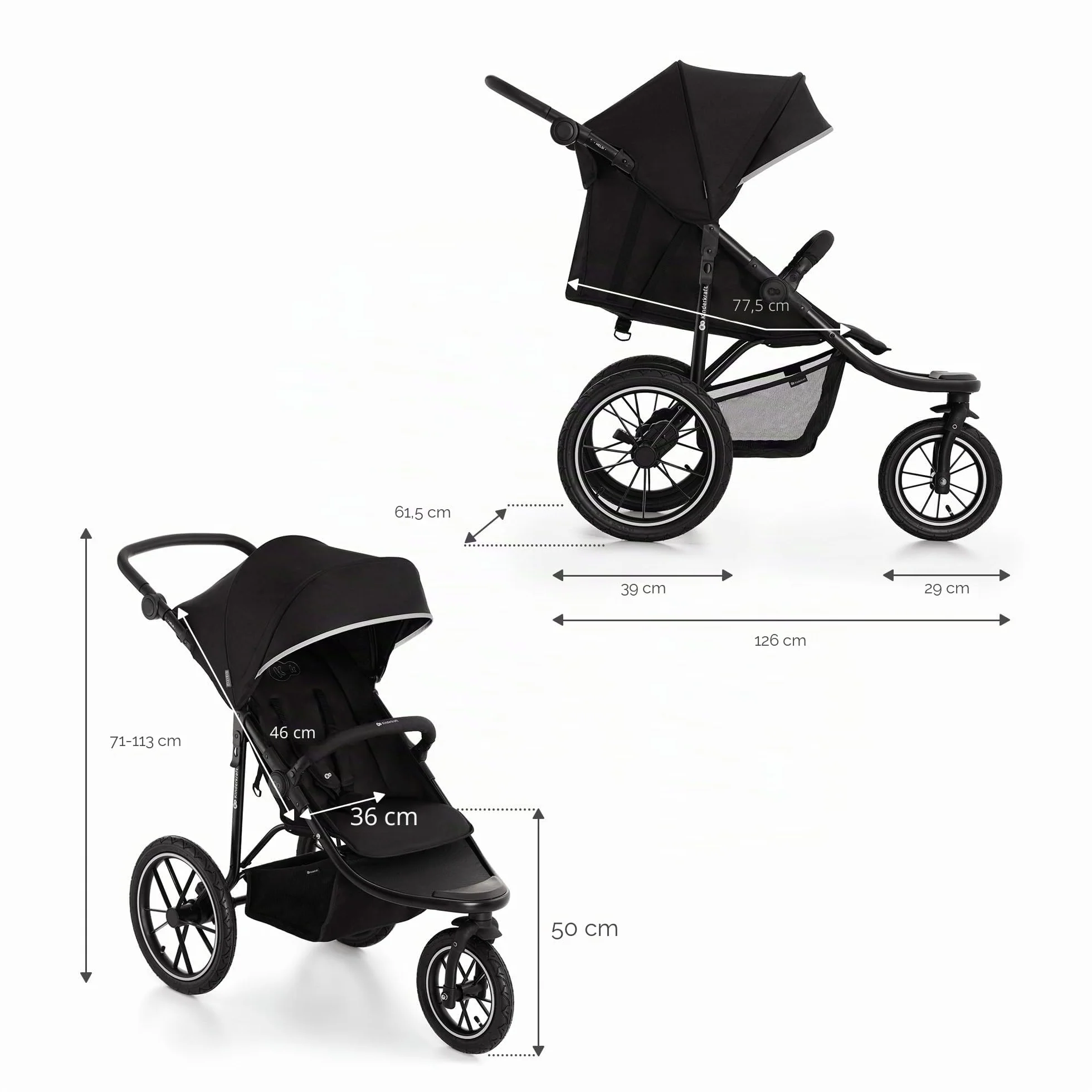 Kinderkraft HELSI 2 Jogger Poussette Sportive 3 Roues Dès La Naissance 22 Kg Réglable Gris