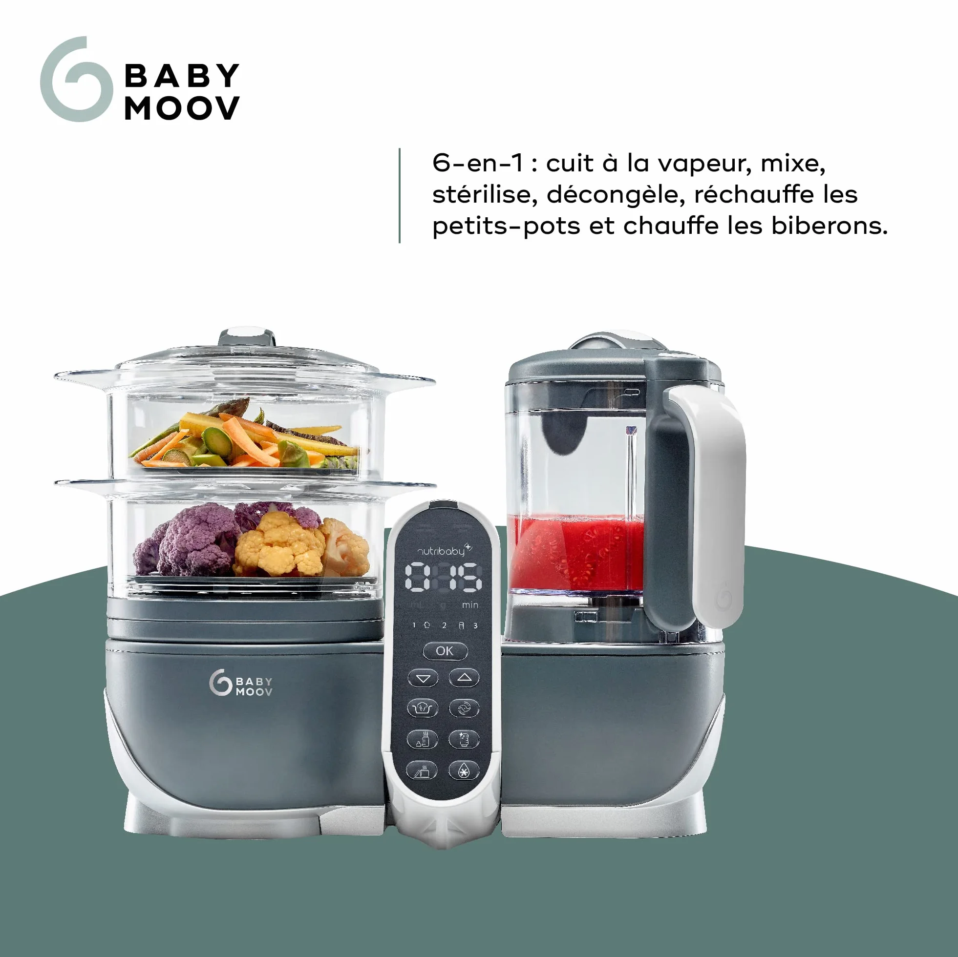 Babymoov Nutribaby+ Robot Cuiseur Bébé Multifonctions 6 en 1, Cuiseur Vapeur Mixeur, Grande Capacité 2,2L, Gris