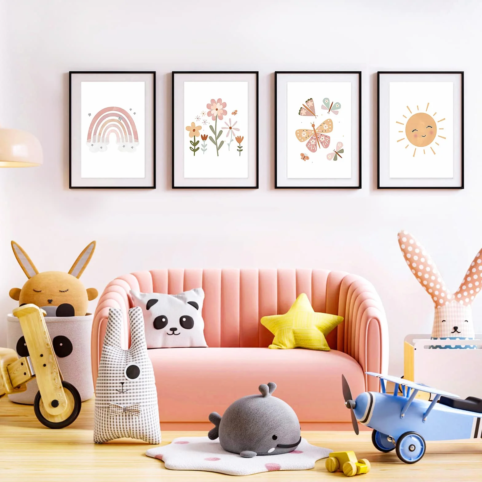 Vegena Lot de 4 tableaux Décoration murale chambre enfant Arc-en-ciel soleil nuage fleurs papillons DIN A4 Bohème