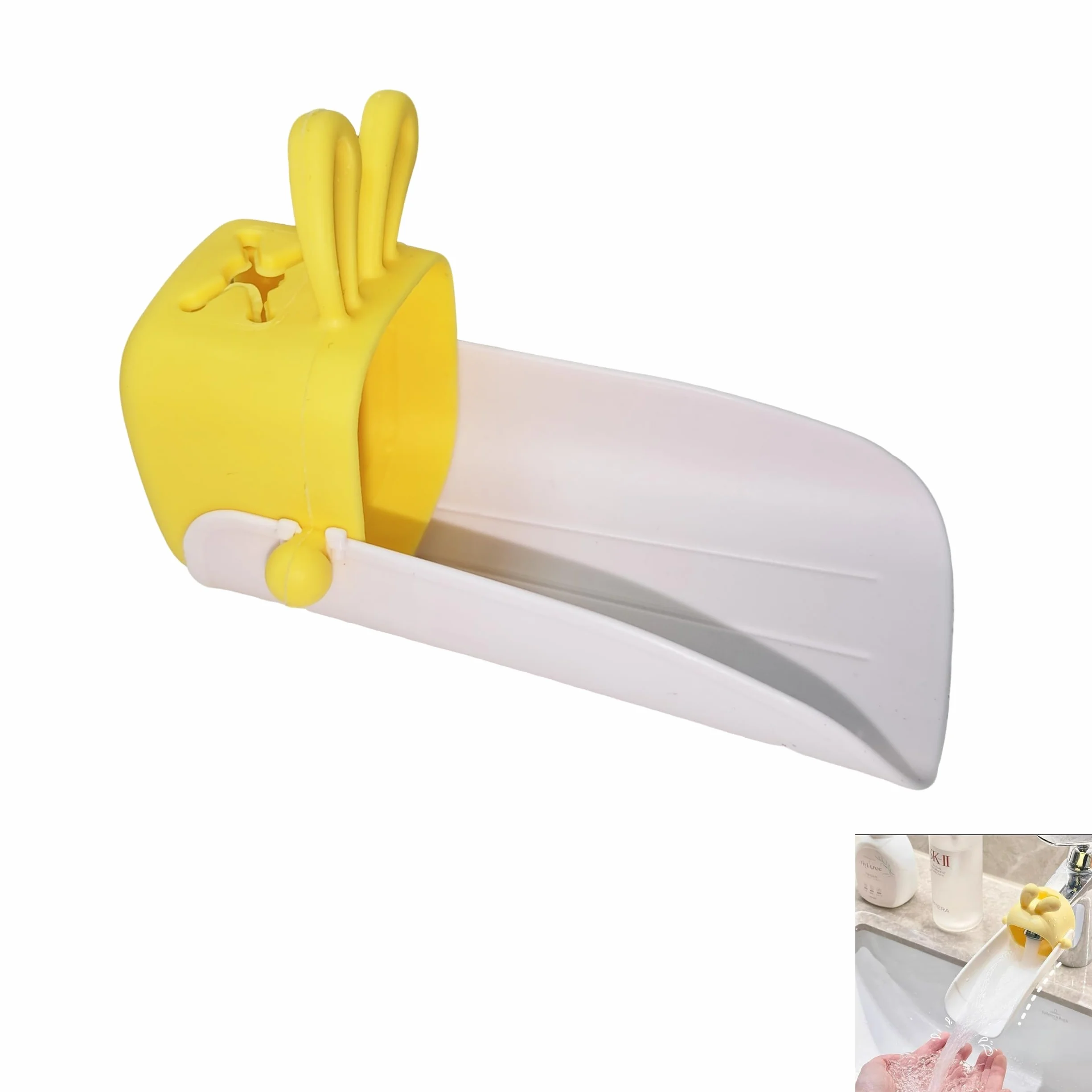 Prolongateur de Robinet Enfant Jaune, Rallonge de Robinet avec Oreilles de Lapin en Plastique pour Lavabo