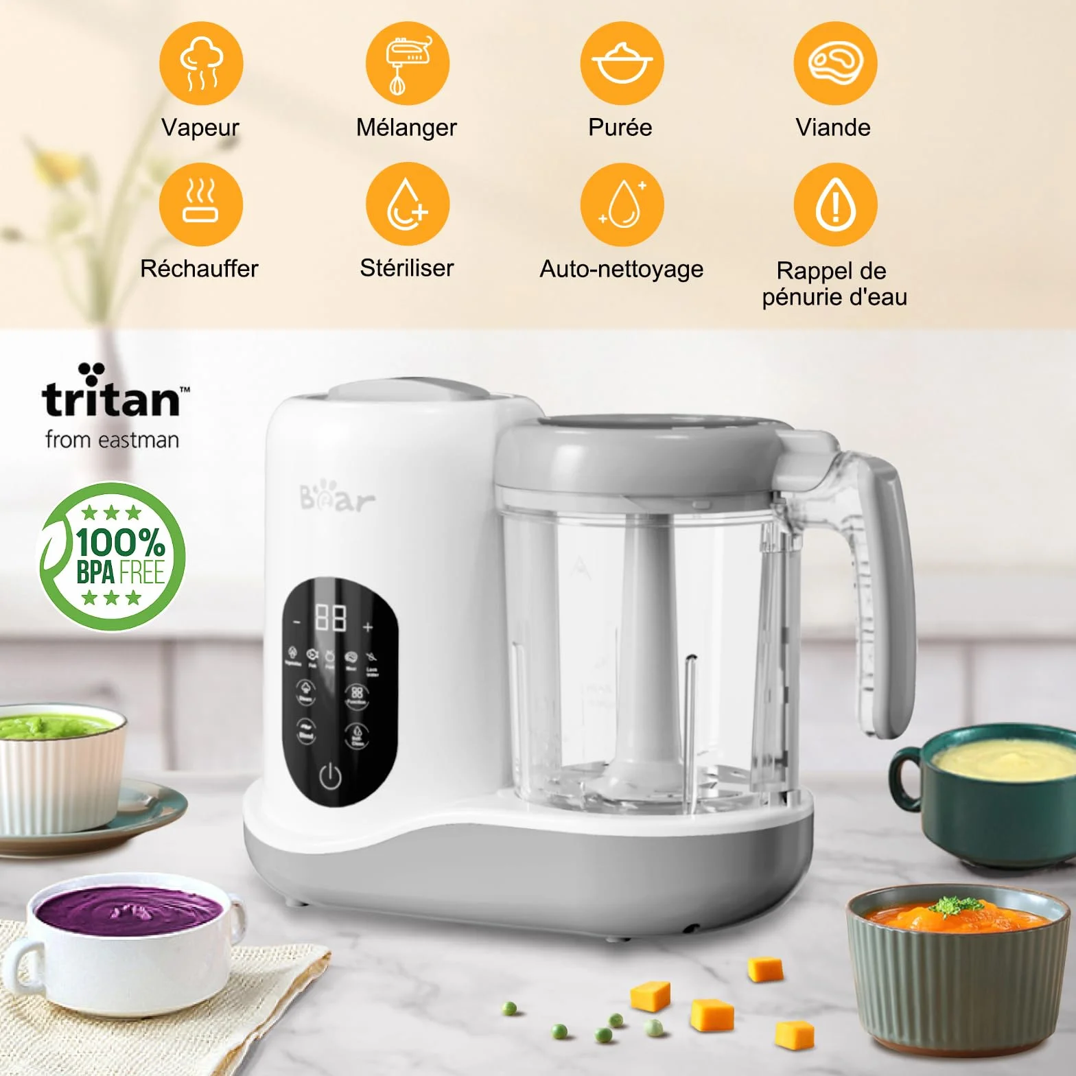 Bear Robot Cuiseur Mixeur pour Bébés 7-en-1, Cuisson automatique & Hachage, Autonettoyant, Blanc