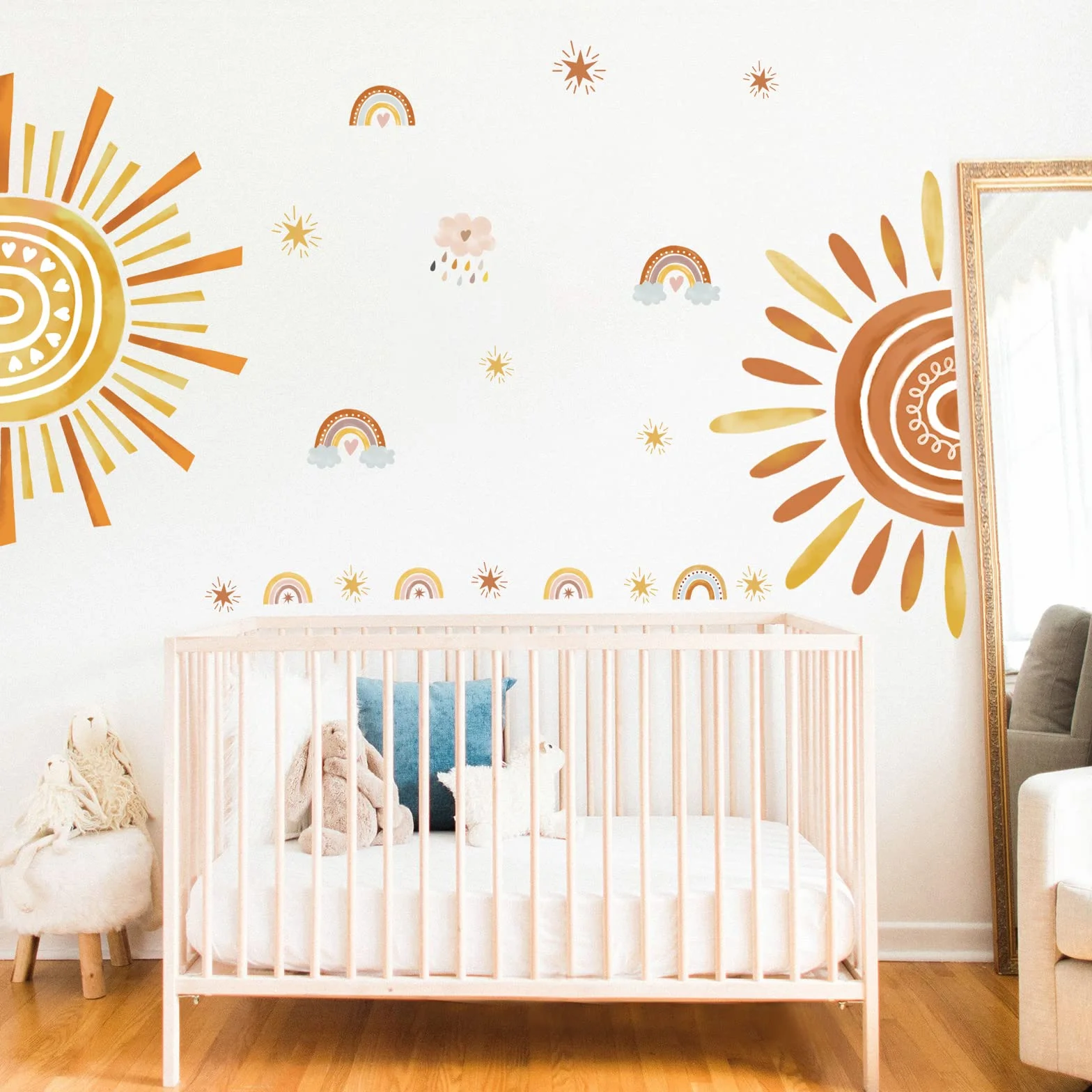 Autocollants Muraux Enfants Arc en Ciel Soleil Étoile Boho pour Chambre Bébé