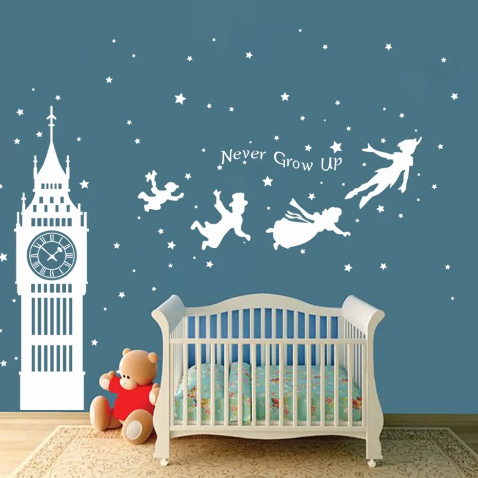Autocollant Mural Peter Pan Big Ben Silhouette Étoiles Décoration Chambre Enfants Fille Garçon Bébé